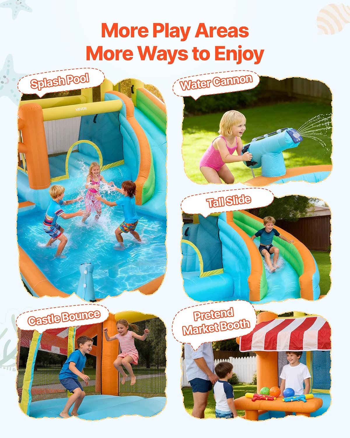 VEVOR Inflatable Pretend Market Bounce House with Blower Large 6-in-1 Kids Water Slide Castle with Splash Pool Climbing Wall Play Booth & Bounce Area for Kids