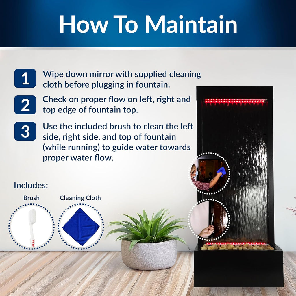 Alpine Corporation MLT174S‑MC Waterfall Fountain – Plug in Indoor Fountain with Black‑Framed Glass, Cascading Water, Floor Feature & Multi‑Color LED Lights, 48'