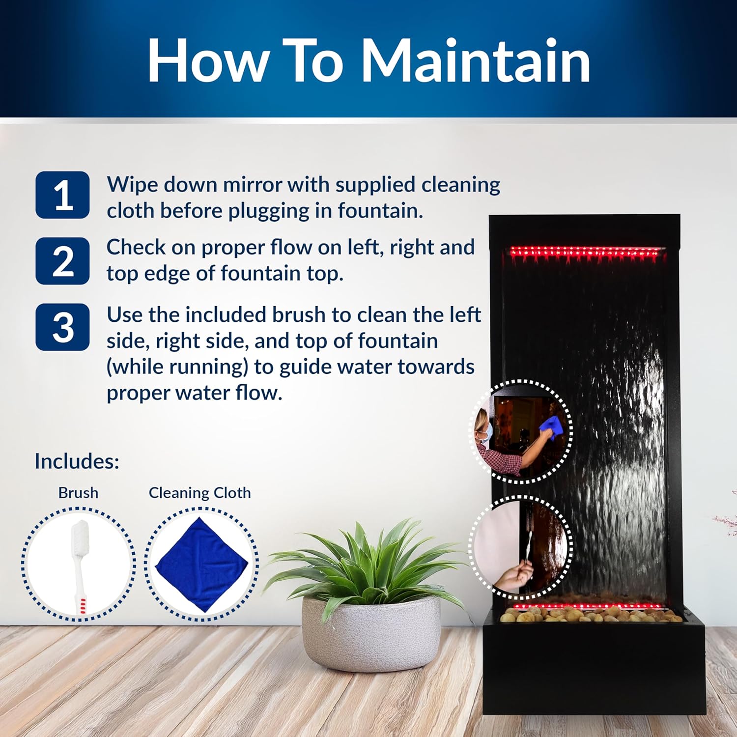 Alpine Corporation MLT174S‑MC Waterfall Fountain – Plug in Indoor Fountain with Black‑Framed Glass, Cascading Water, Floor Feature & Multi‑Color LED Lights, 48'