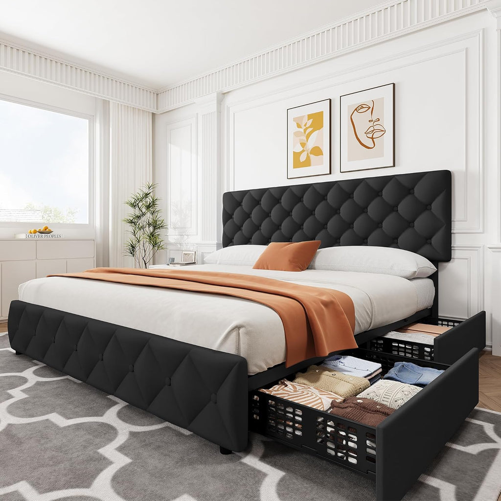 IDEALHOUSE King Size Bed Frame with 4 Storage Drawers and Adjustable Headboard, Linen Upholstered Platform Beds, Diamond Stitched Button Tufted, No Box Spring Needed, Black