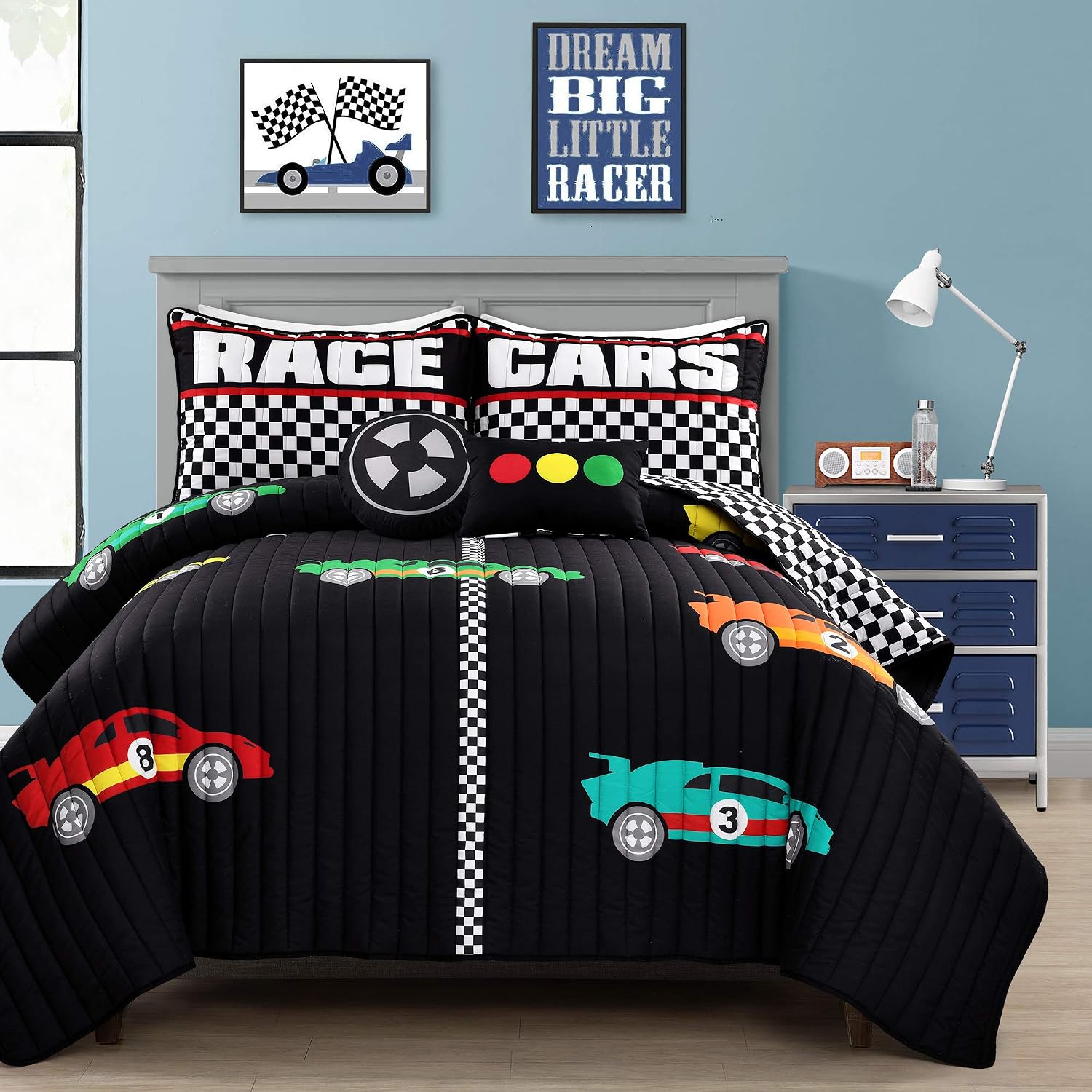 Lush Decor Racing Cars Reversible Quilt Queen Size 5 Piece Set Full/Queen Black & Multi - Kids Bedding Set Queen Quilt - Car Decor