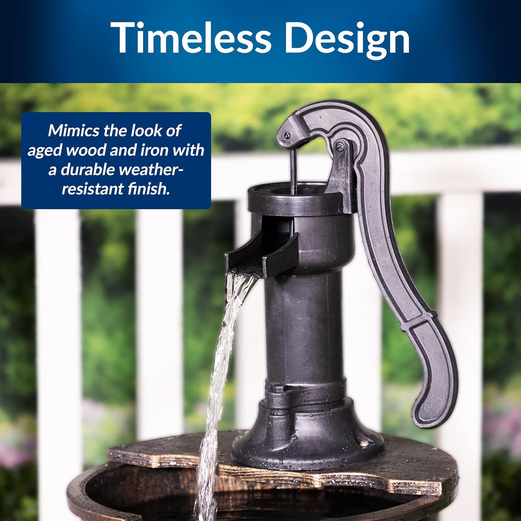 Alpine Corporation 40' Tall Outdoor Floor Tiered Rustic Pump and Barrel Water Fountain, Old-Fashioned Waterfall for Garden, Patio, Yard Decor, Dark Brown