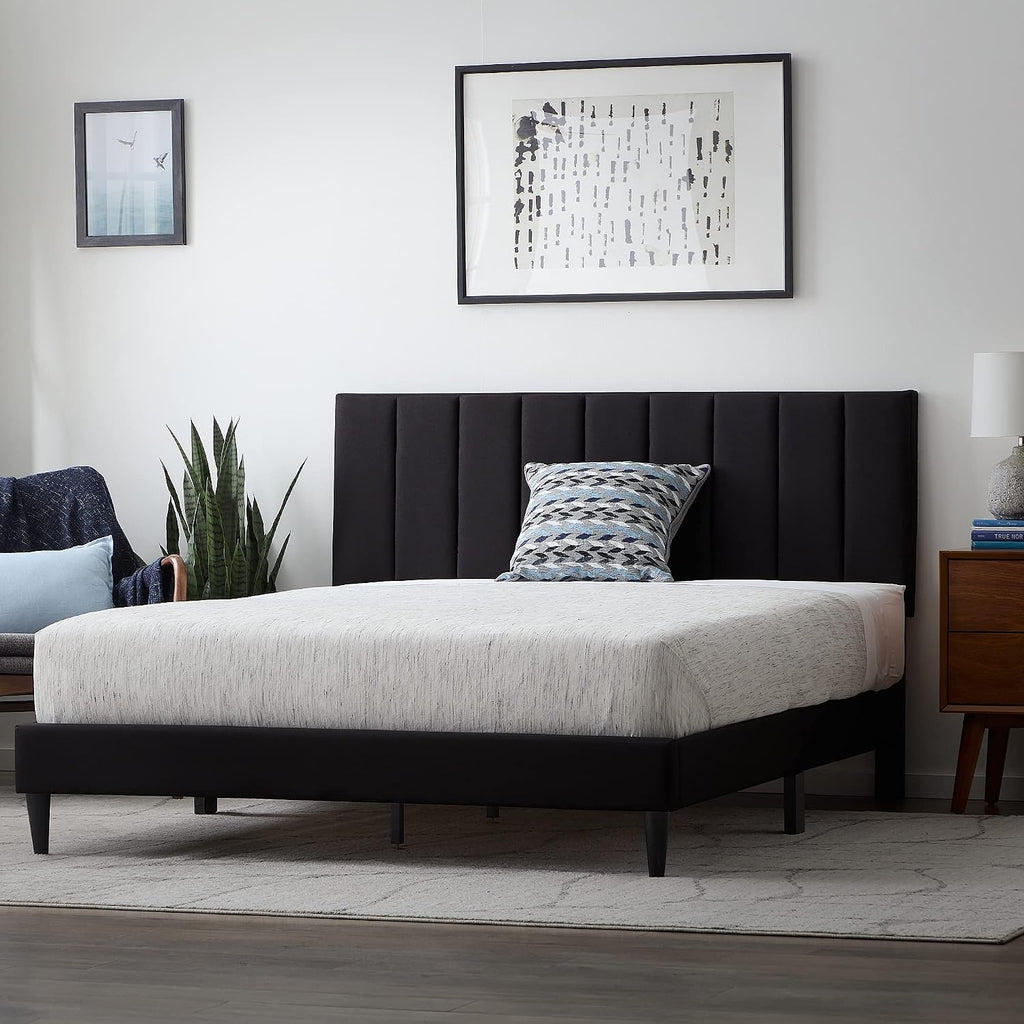 Lucid Full Bedframe with Vertical Channeled Headboard — Upholstered Platform Bed — Easy Assembly — Full Size — No Box Spring Needed — Black Color