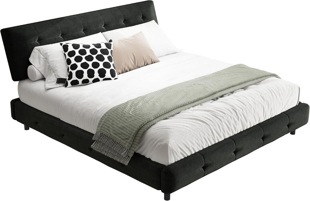 King Size Platform Bed Frame, Tufted Headboard with Extra-Large Ultra-Soft Cloud Pillow Design, Chenille Platform Bed with Metal and Wooden Slats Double Support, No Box Spring Needed (Black-King,7)
