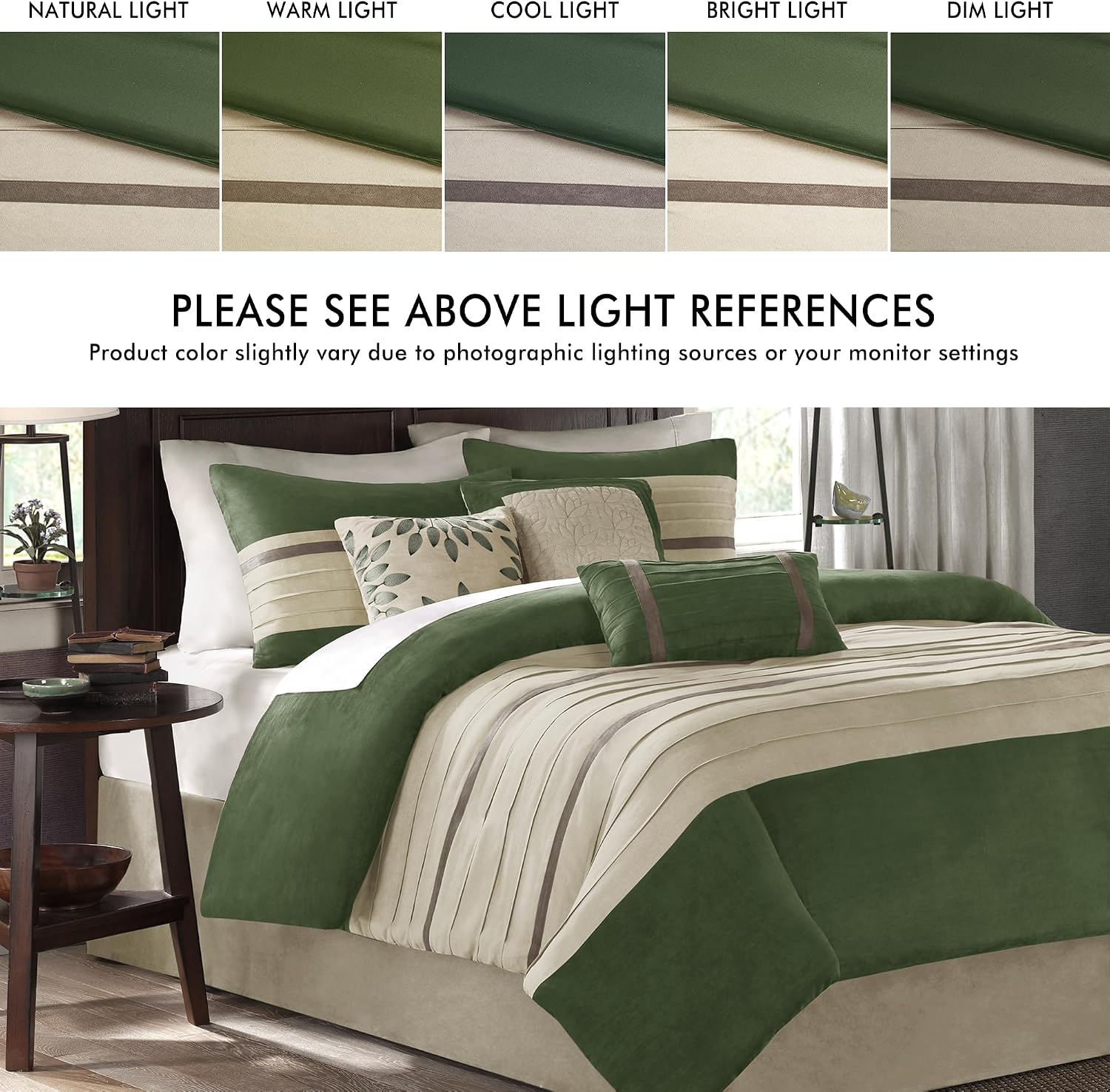 Madison Park Cozy Comforter Set-Luxury Faux Suede Design, Striped Accent, All Season Down Alternative Bedding, Matching Shams, Decorative Pillow, Green, California King (104 in x 92 in)