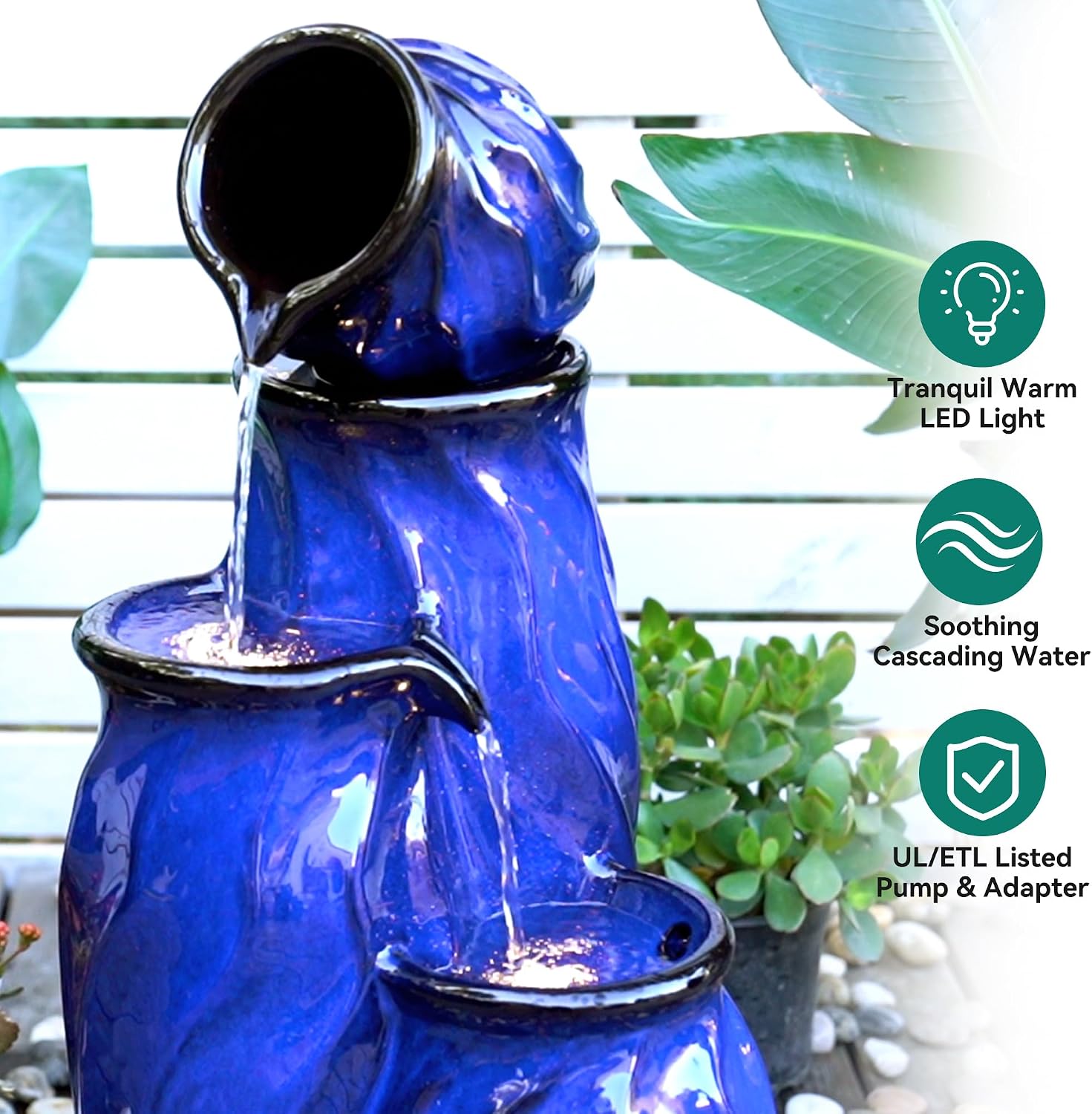 29' Ceramic Water Fountain Outdoor, 4-Tier Dynamic Wavy Outdoor Fountain with Artistic Cobalt Blue Glaze, Decorative Water Feature, Cascading Waterfalls for Serene Garden Patio Yard Porch Decor