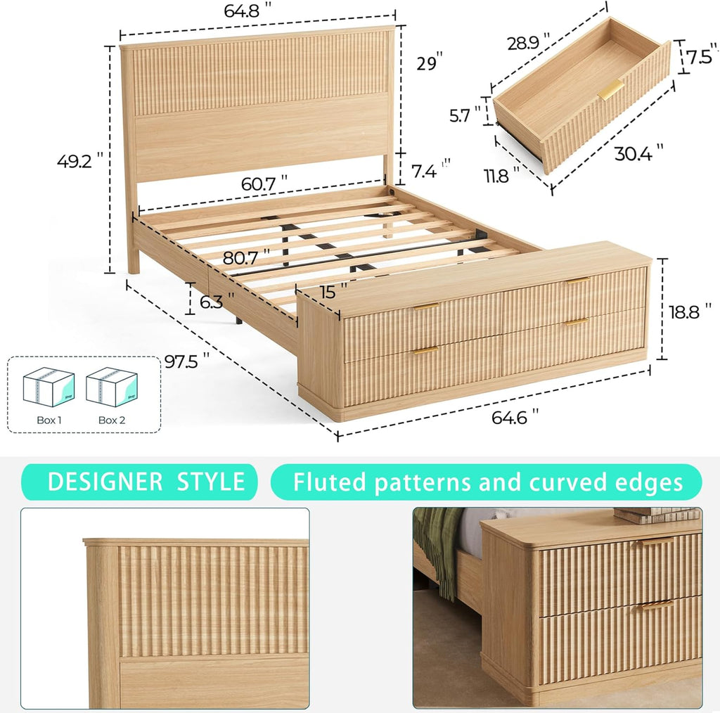 LINSY Storage Bed Frame Queen Bedframe with Drawers, Tall Bed Frame Queen-Size with Headboard and Footboard Bench, Fluted Boho Bed Frames Wooden Platform Beds with Storage, No Box Spring, Light Wood