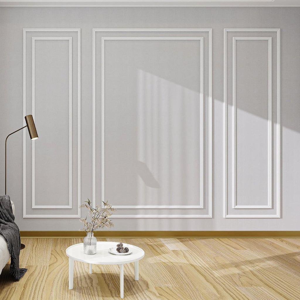 KASARO Pre-Cut Wall Molding Kit, Wainscoting Ready to Assemble 3D Panel for Interior Decor, Premade PS White Picture Frame Style Accent Wall Molding, 6-Frame