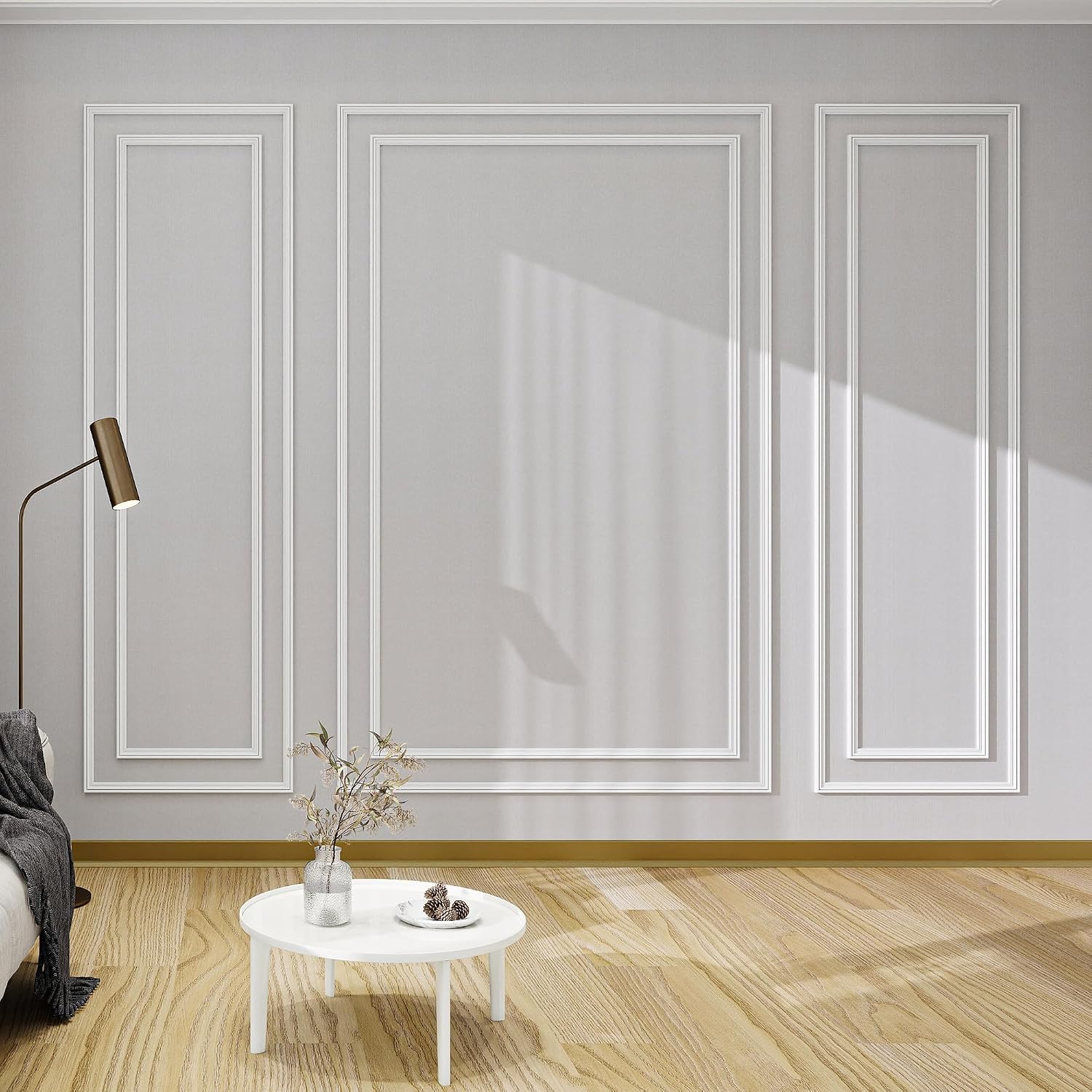 KASARO Pre-Cut Wall Molding Kit, Wainscoting Ready to Assemble 3D Panel for Interior Decor, Premade PS White Picture Frame Style Accent Wall Molding, 6-Frame