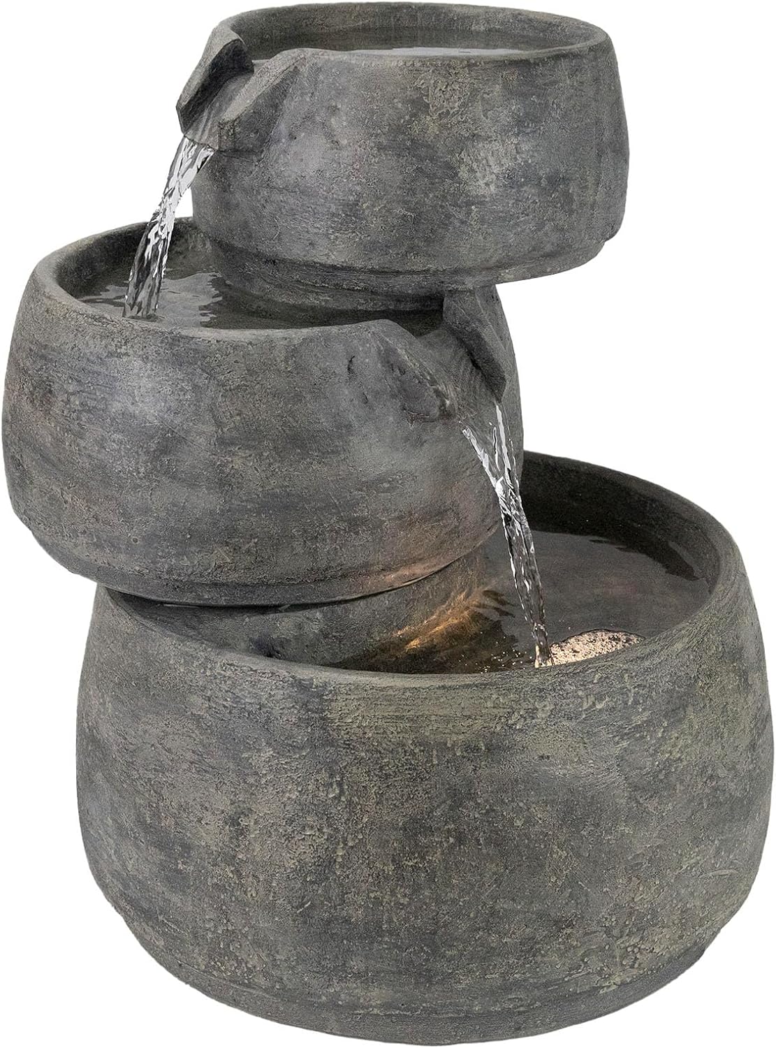 Classic Home and Garden Indoor/Outdoor Poly-Resin Tabletop Fountain, 3-Tier Cascading Water Fountain with LED Light – Weathered Stone Look, 15'' H
