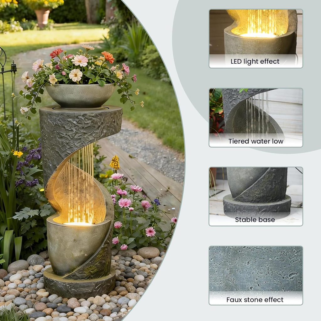 Tiered Outdoor Water Fountain, Modern Spiral Cascading Waterfall Fountain with Planter, Freestanding Resin Indoor Water Feature for Room, Garden, Patio, Deck, 31.5'H with Light Stone-Texture