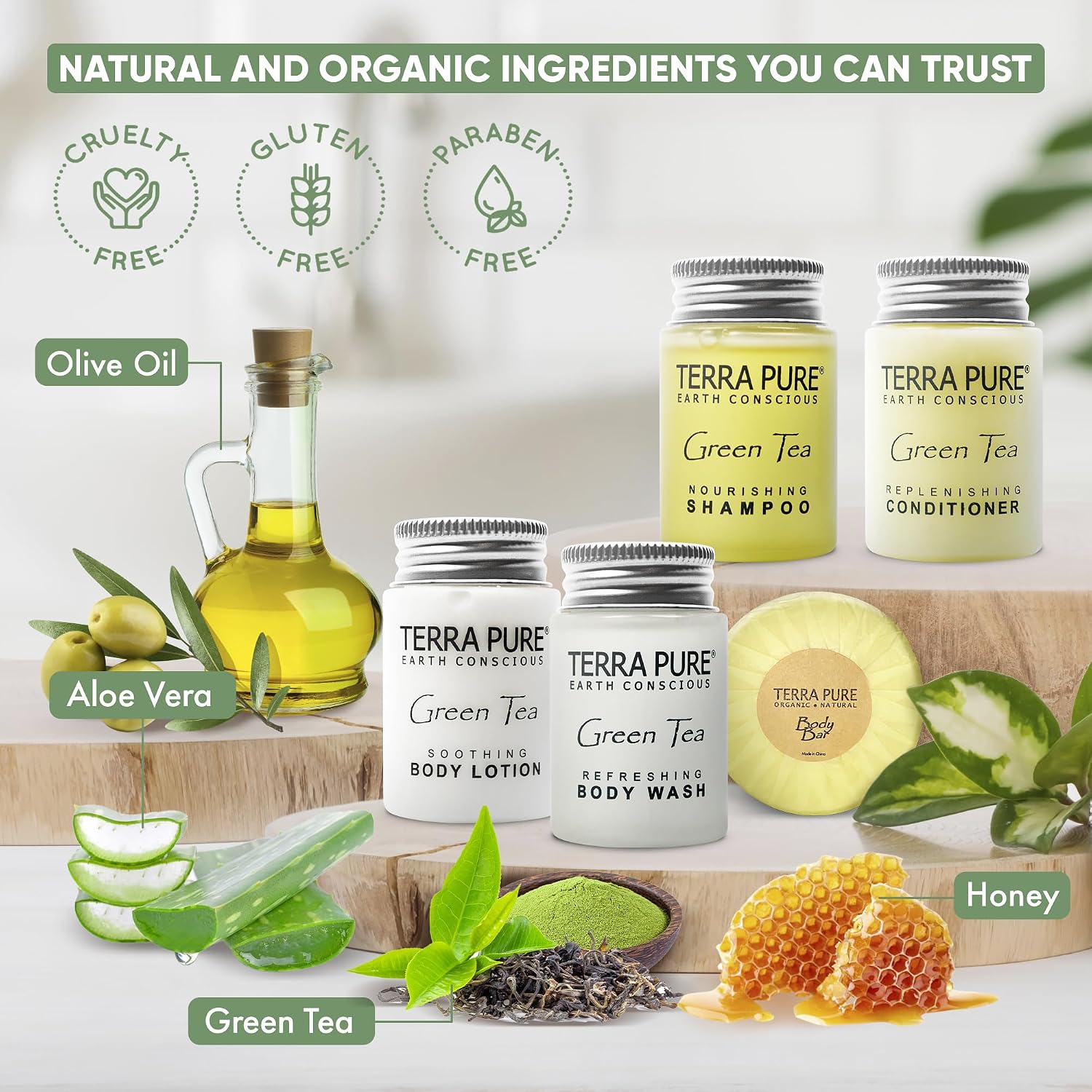 Terra Pure White Tea and Coconut | 150 pcs 1oz Shampoo and Conditioner, Body Wash, Lotion, 1.25oz Bar Soap and 100 pcs Cleansing Bar Soap