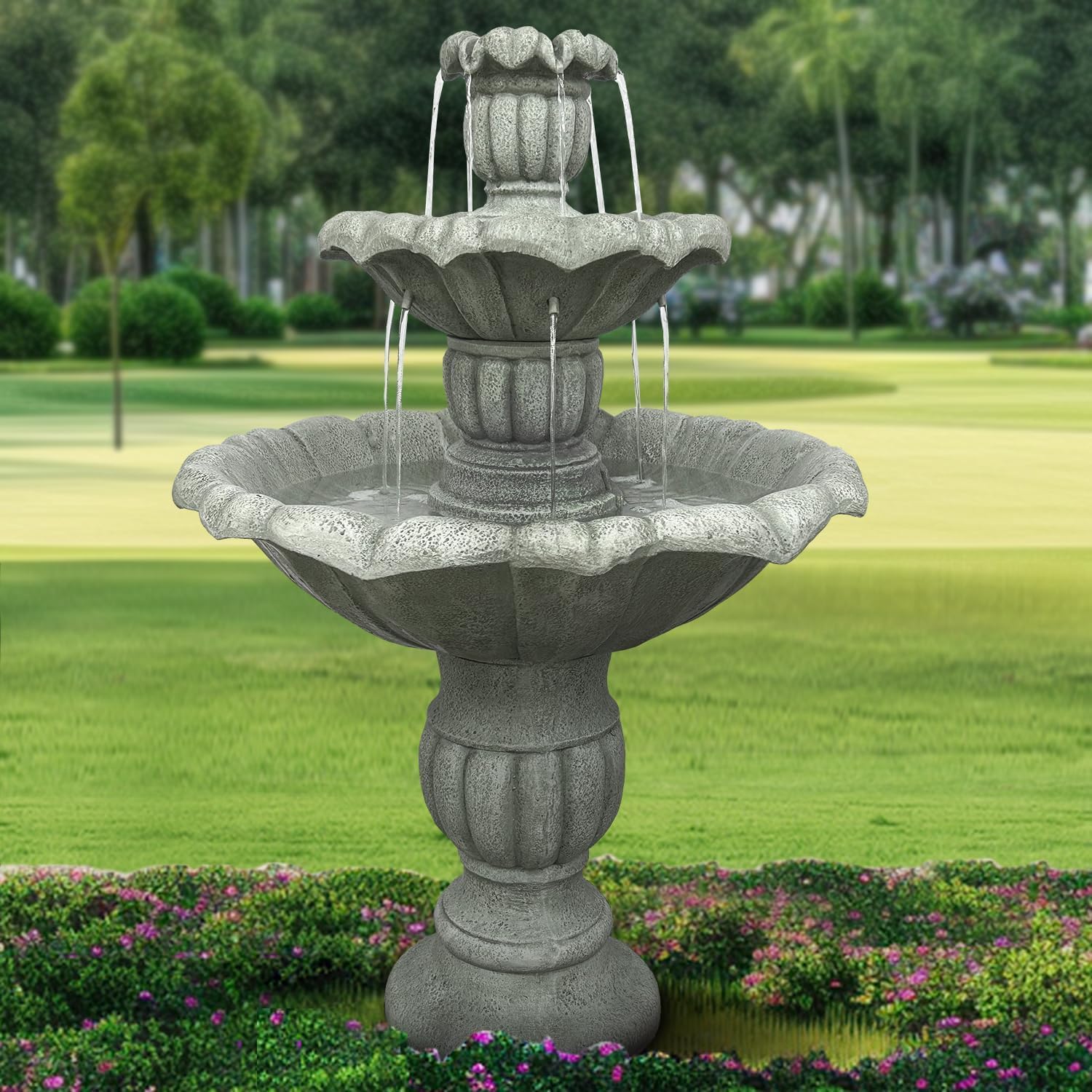 39.3' H Outdoor Floor Water Fountain, 3-Tiers Concrete Water Fountain with Submersible Electric Pump - Garden Cascading Waterfall for Yard Patio Lawn Home Decor