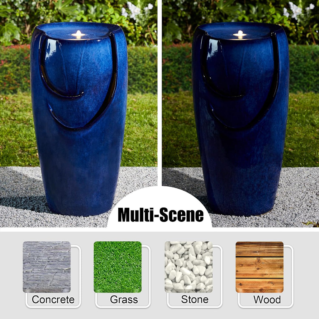 Glitzhome Outdoor Water Fountain with LED Light, Oversized Ceramic Vase Water Fountains Outdoor, Tall Water Feature Backyard Fountain for Garden Patio, Cobalt Blue, 29.3'H