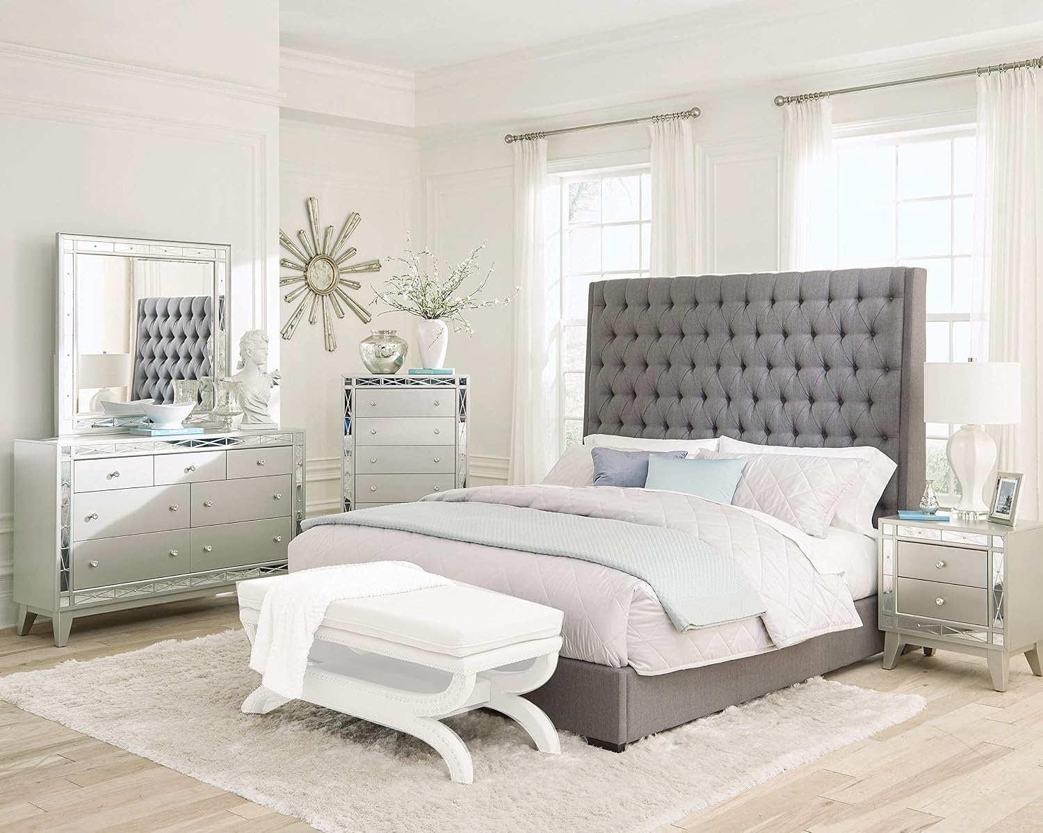 Coaster Home Furnishings Camille Modern Classic 5-Piece Bedroom Set Fabric Upholstered Queen Size Panel Bed Frame 71-inch Headboard Metallic Mercury 300621Q-S5
