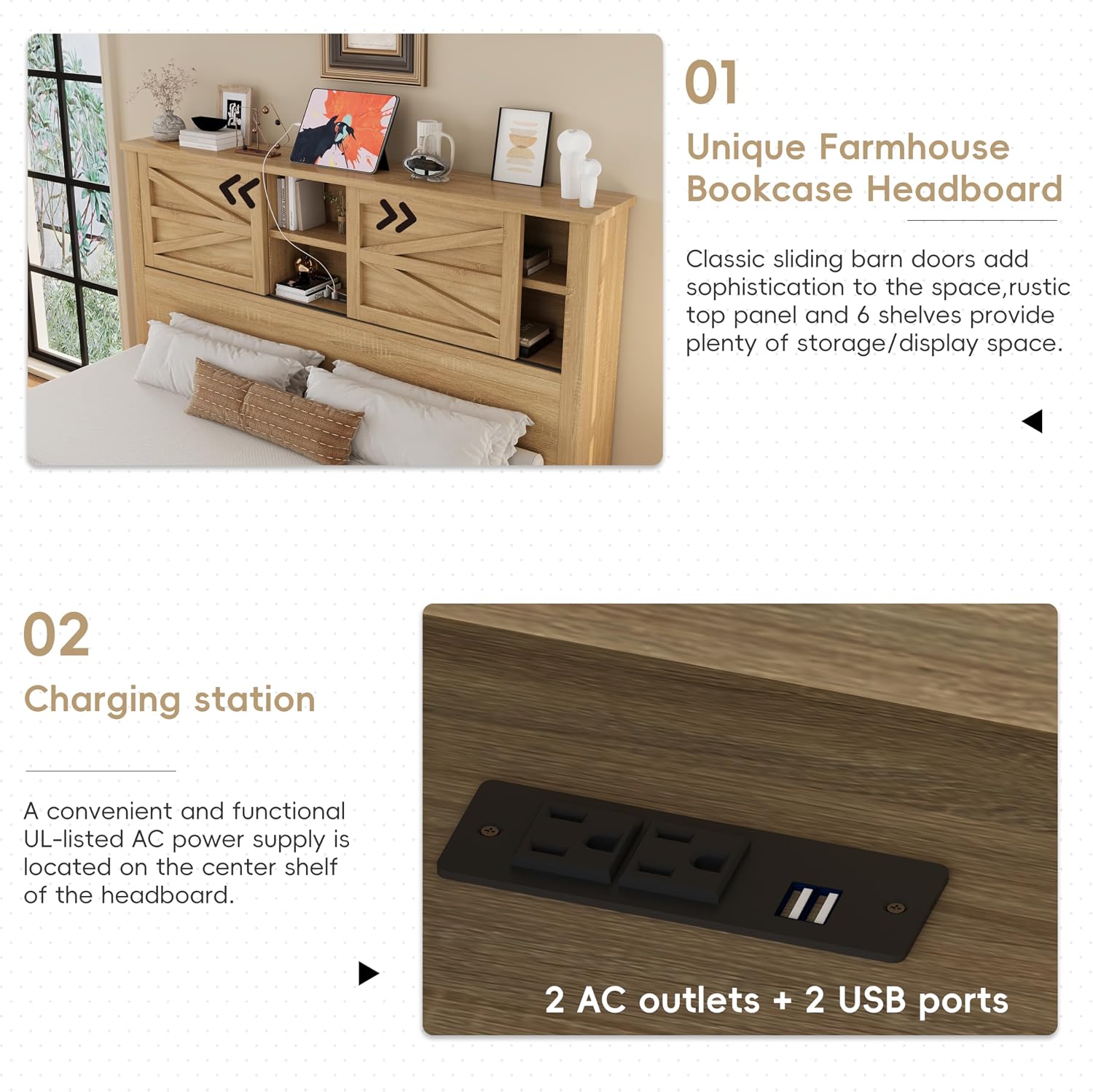 Farmhouse Bedroom Set 3 Pieces, Queen Size Wood Platform Bed Frame, Nightstand and Dressing Table, Queen Bedframe with Double Sliding Door Headboard and Charging Station (Natural, Queen)