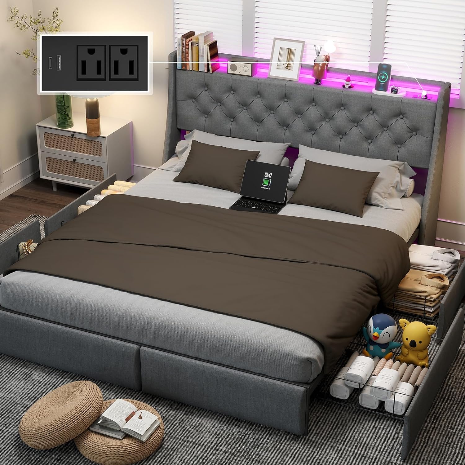 Queen Bed Frame with 4 Stoarge Drawers and LED Lights, Upholstered Platform Queen Size Bed Frame with Charging Station, Steel Slats Support, No Box Spring Needed, Noise-Free, Easy Assembly, Gray