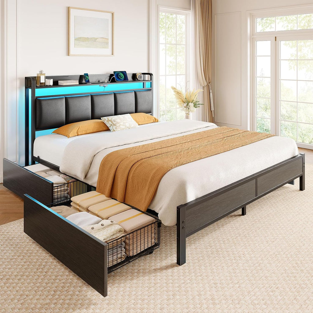 Rolanstar Bed Frame Queen Size with Charging Station and LED Lights, Upholstered Storage Headboard with Drawers, Heavy Duty Metal Slats, No Box Spring Needed, Easy Assembly, Black