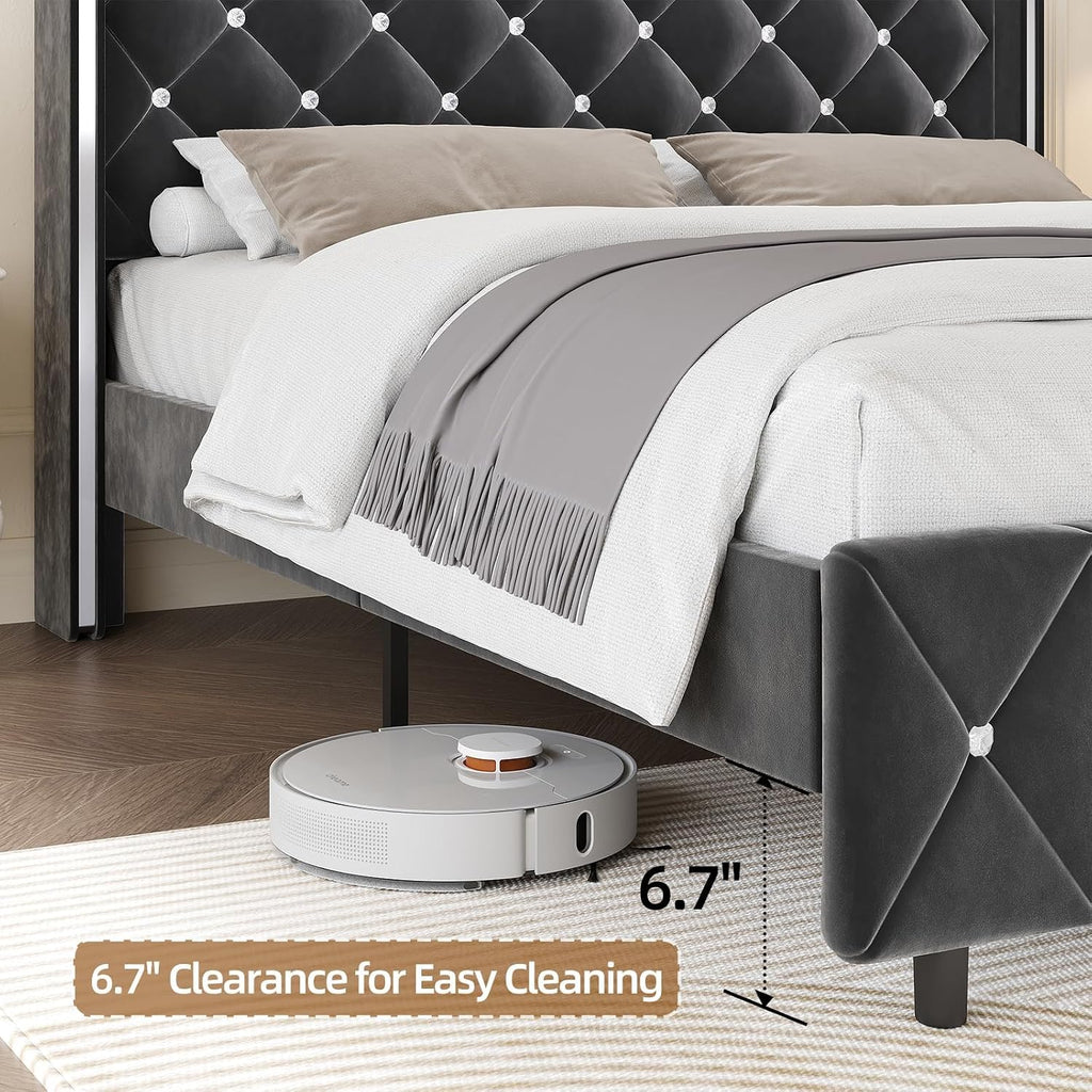 Twin Bed Frame with Headboard, Upholstered Platform Twin Bed Frames with Diamond Tufted Wingback Headboard, 600lbs Heavy Duty Support, Sliver Metal Edge Accents, No Box Spring Needed, Black Velvet