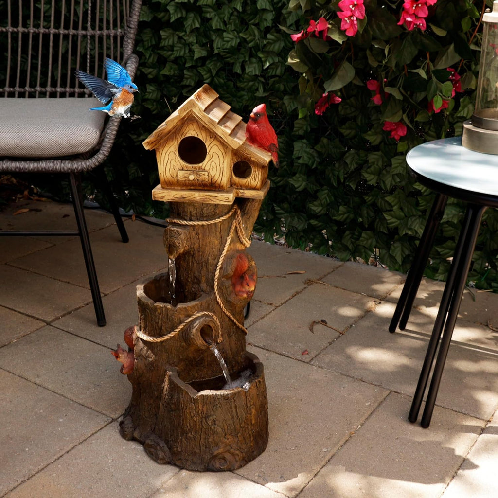 Alpine Corporation ZEN552 Outdoor Multitiered Birdhouse with Cardinal and Squirrels Water Floor Fountain for Patios, Gardens, and Yard Decor, 24' H, Brown