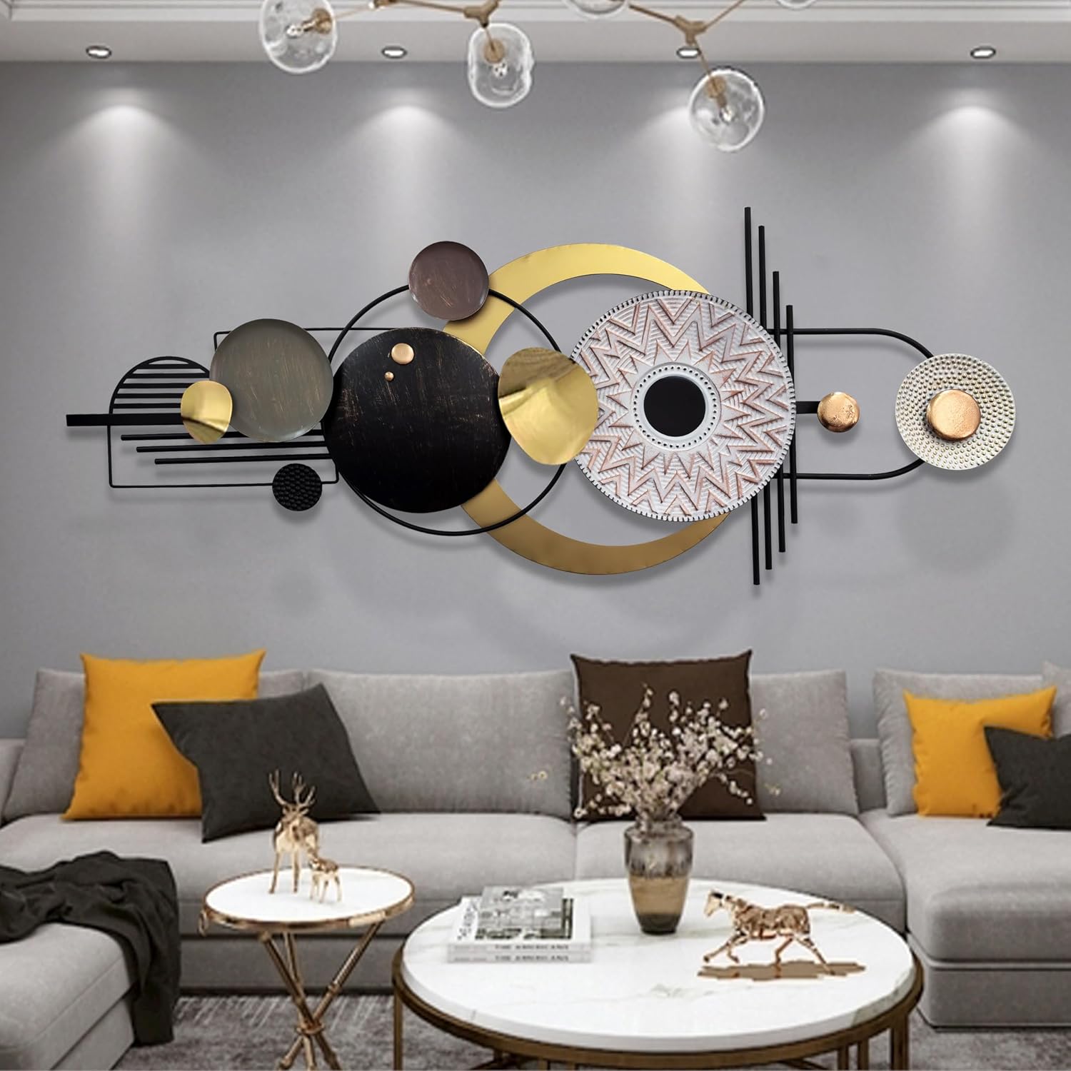 ERMOFAV Wall Decor,Modern Creative Metal Geometric Circular Decor Wall Art, 59x24 In Large 3D Textured Metal Wall Sculptures, Living Room Bedroom Den Aesthetic Wall Art Decor