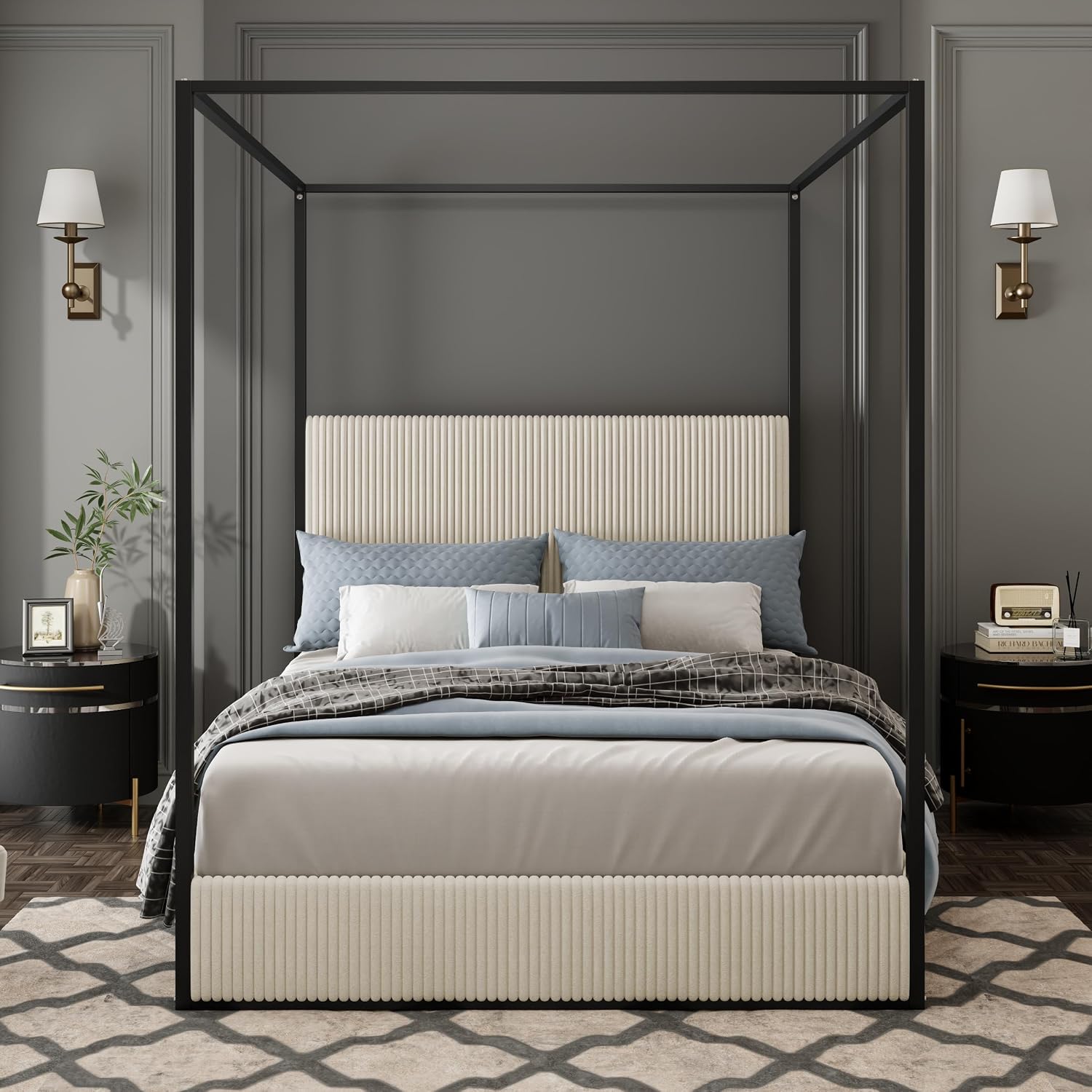 King Size Metal Canopy Bed with Tall Upholstered Channel Headboard and Gold 4 Poster, No Box Spring Needed (White+ Black, King)