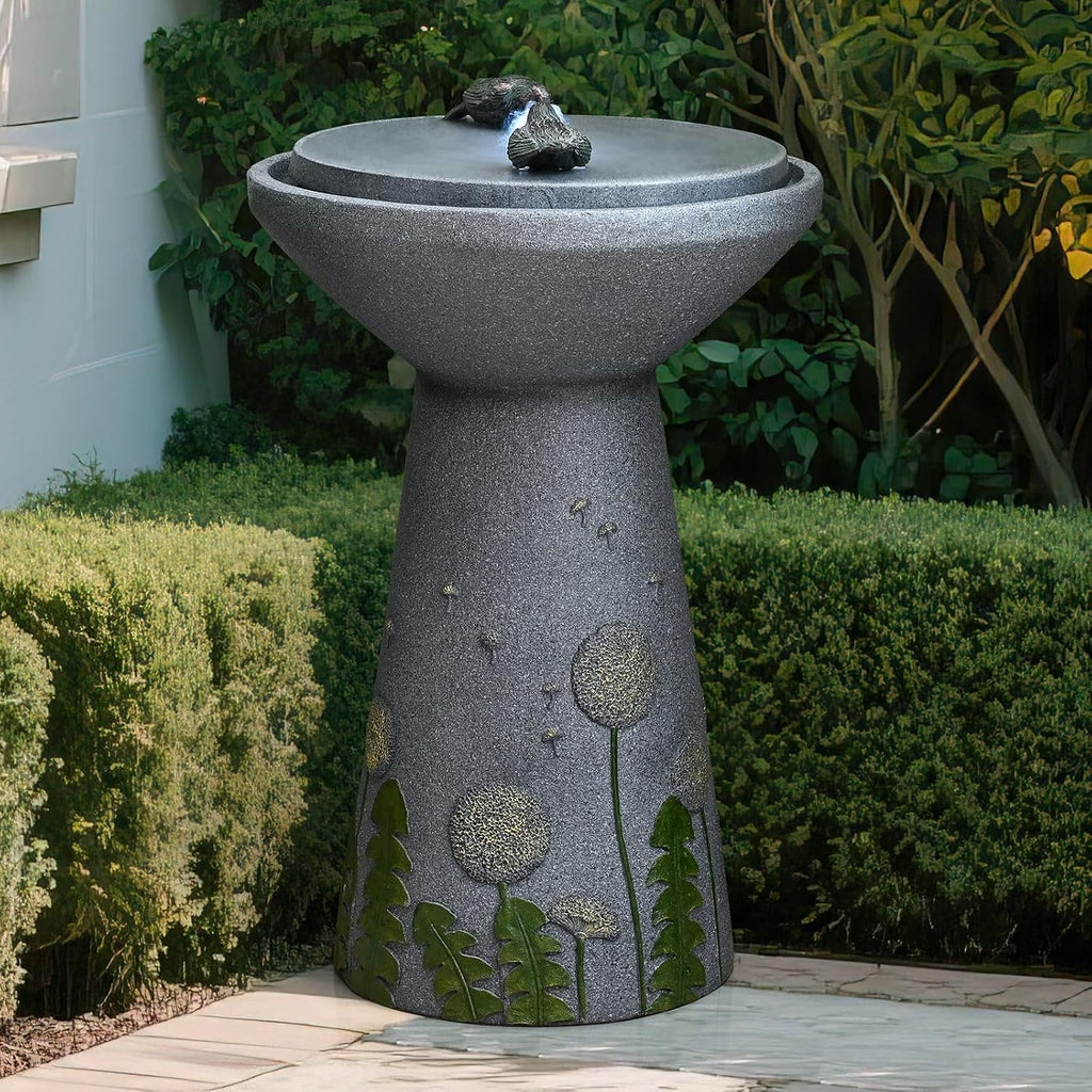 30.7' Outdoor Garden Floor-Standing Water Fountain with LED Light and Pump, Two Birds Embossed Pattern Pedestal Ceramic Watefall for Patio, Backyard, Deck, Porch and Home Art Decor (30.7' Two Birds)