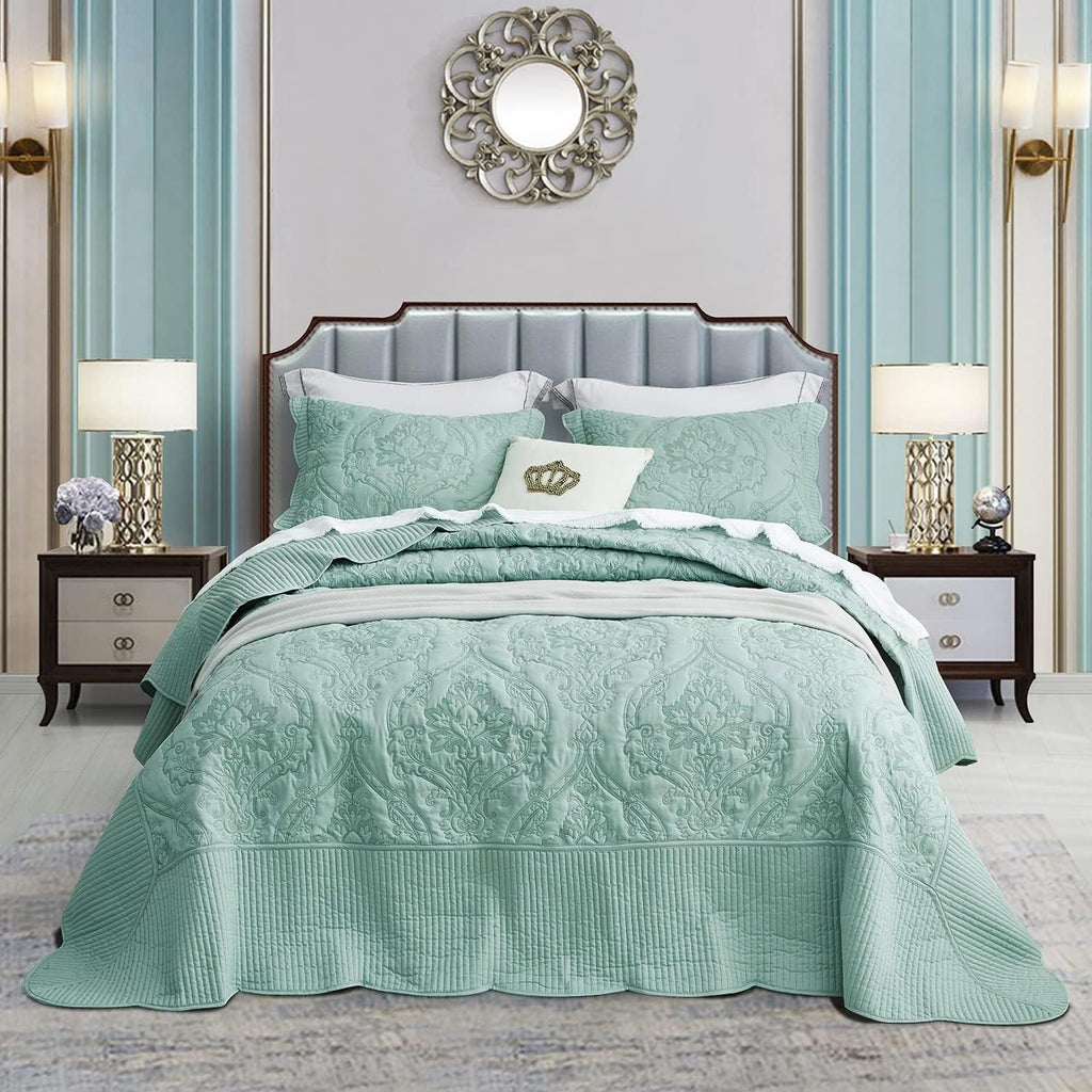 CHIXIN Oversized King Bedspread 128x120 Extra Wide - Lightweight Bedding Cover - Beautiful Stitching - 5 Piece Reversible Bedspread - Gorgeous Damask Paisley Pattern (King/Cal King, Seaglass)