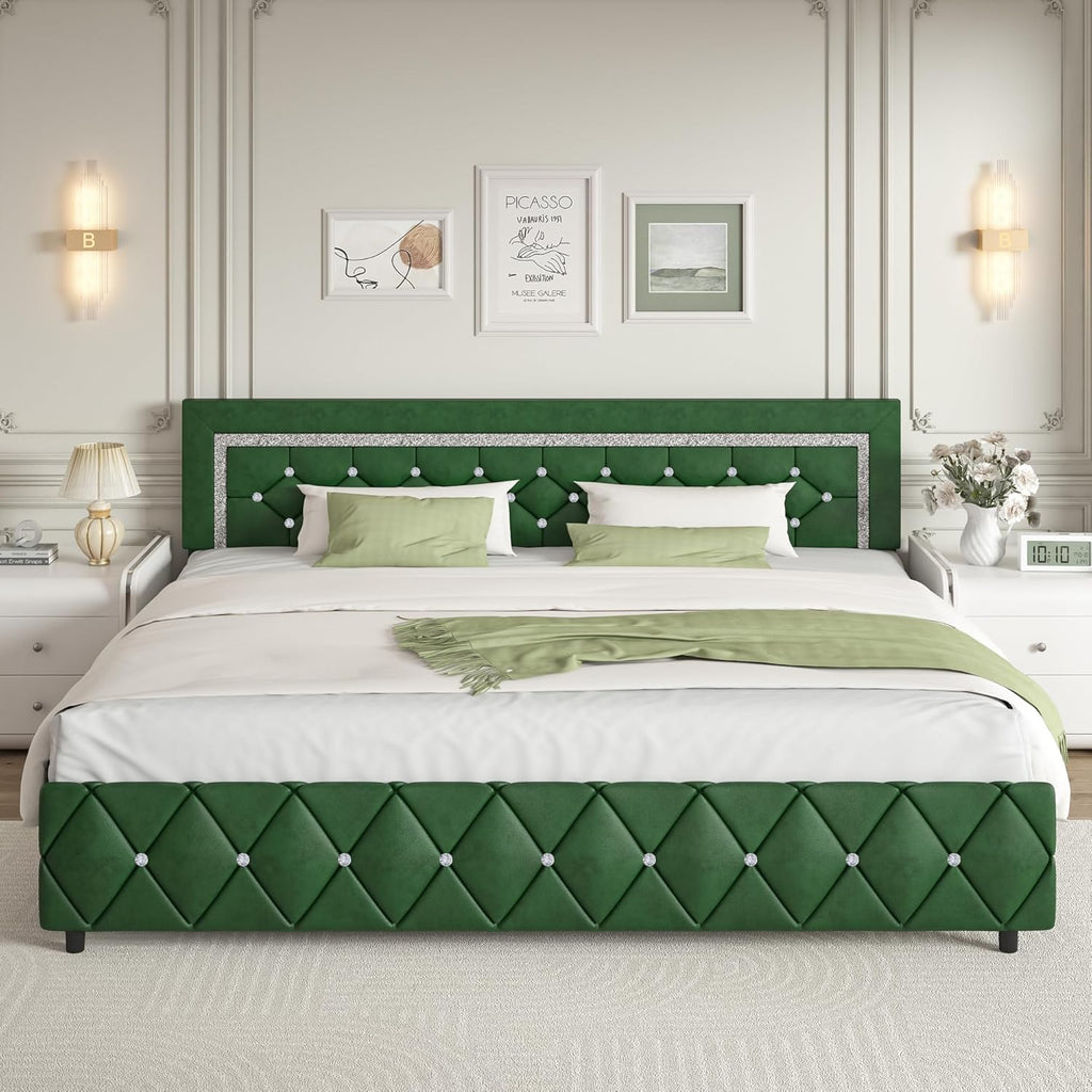 BarnFurin King Size Bed Frame with Headboard, Upholstered Bed with Diamond Tufted Design, Wooden Slats Support, No Box Spring Required, Easy Assembly, Green