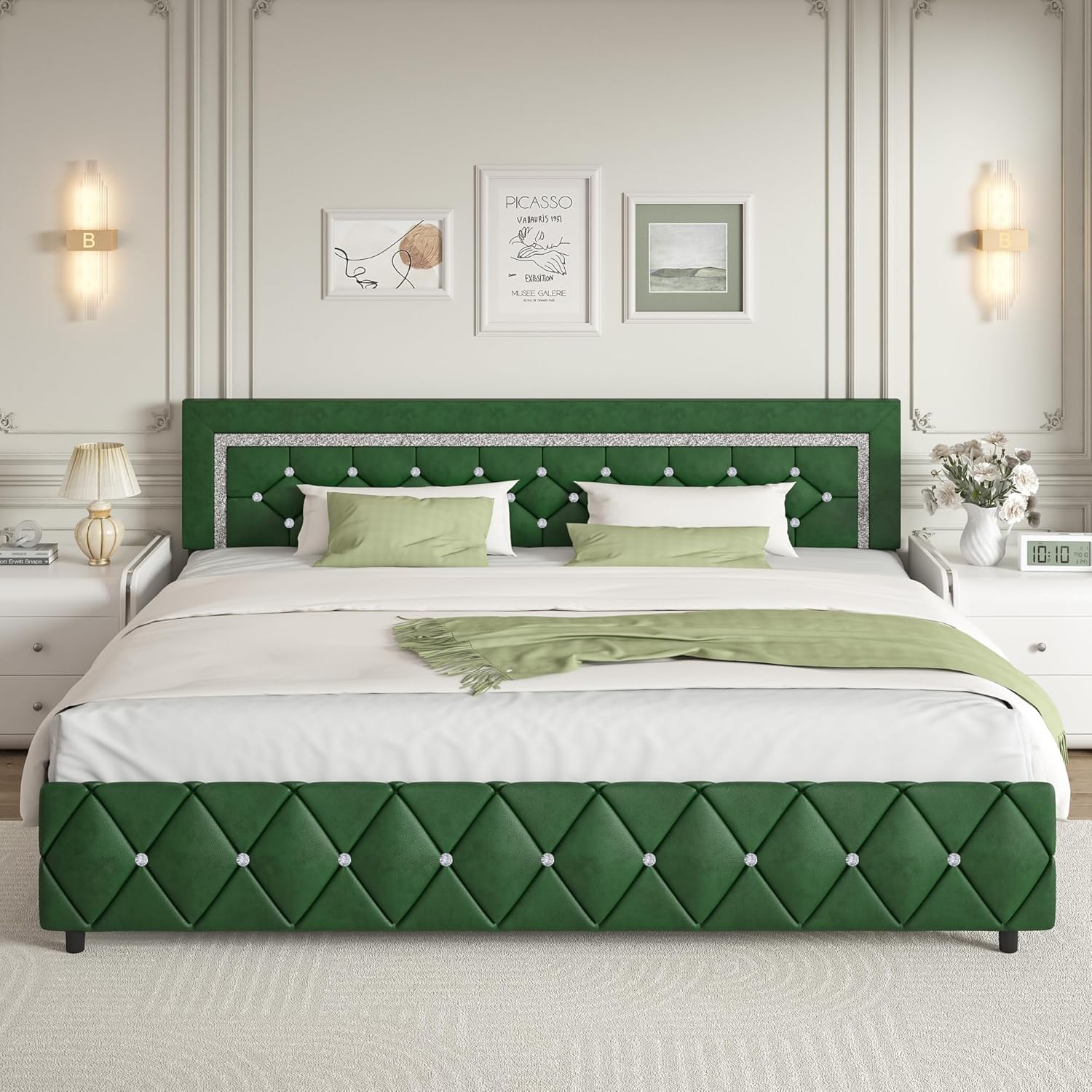 BarnFurin King Size Bed Frame with Headboard, Upholstered Bed with Diamond Tufted Design, Wooden Slats Support, No Box Spring Required, Easy Assembly, Green