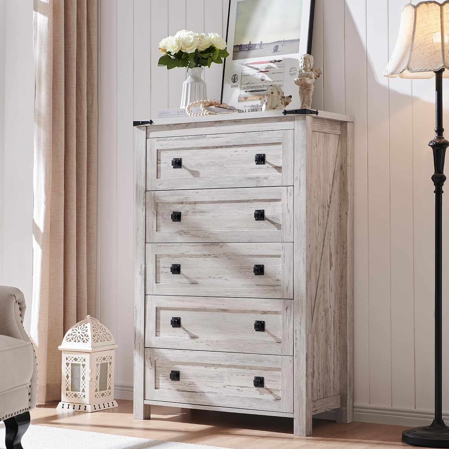 RedLemon Farmhouse 5 Drawer Dresser, 48' Tall Rustic Chest of Drawers, Wood Dresser for Bedroom, Living Room, Hallway, Antique Brush White