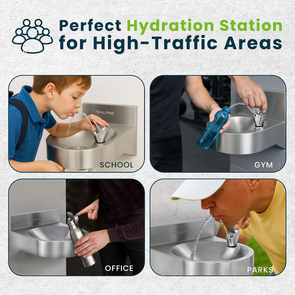 Alpine Water Drinking Fountain Wall Mounted - Commercial Hydration Station for Indoor & Outdoor in School, Parks, Courts & More (Stainless Steel)