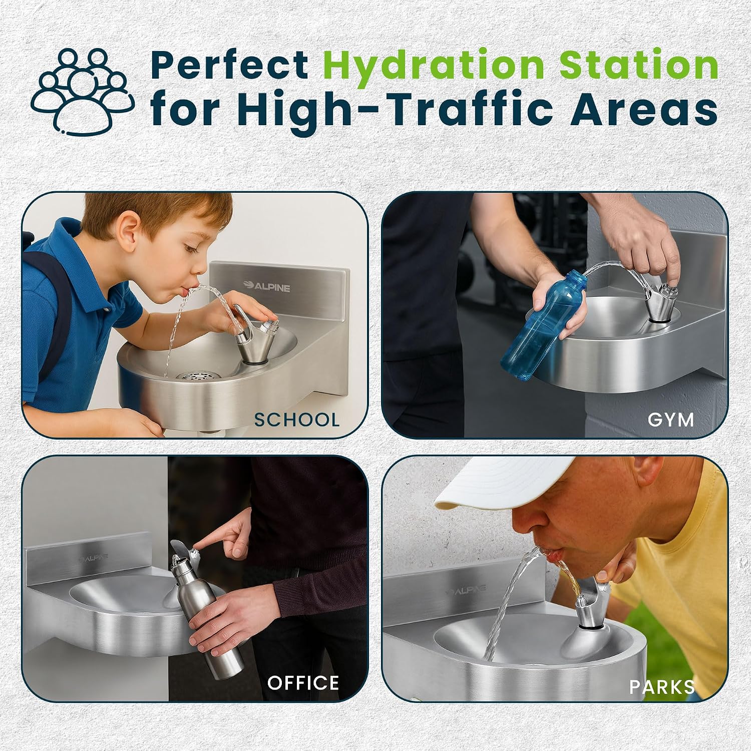 Alpine Water Drinking Fountain Wall Mounted - Commercial Hydration Station for Indoor & Outdoor in School, Parks, Courts & More (Stainless Steel)