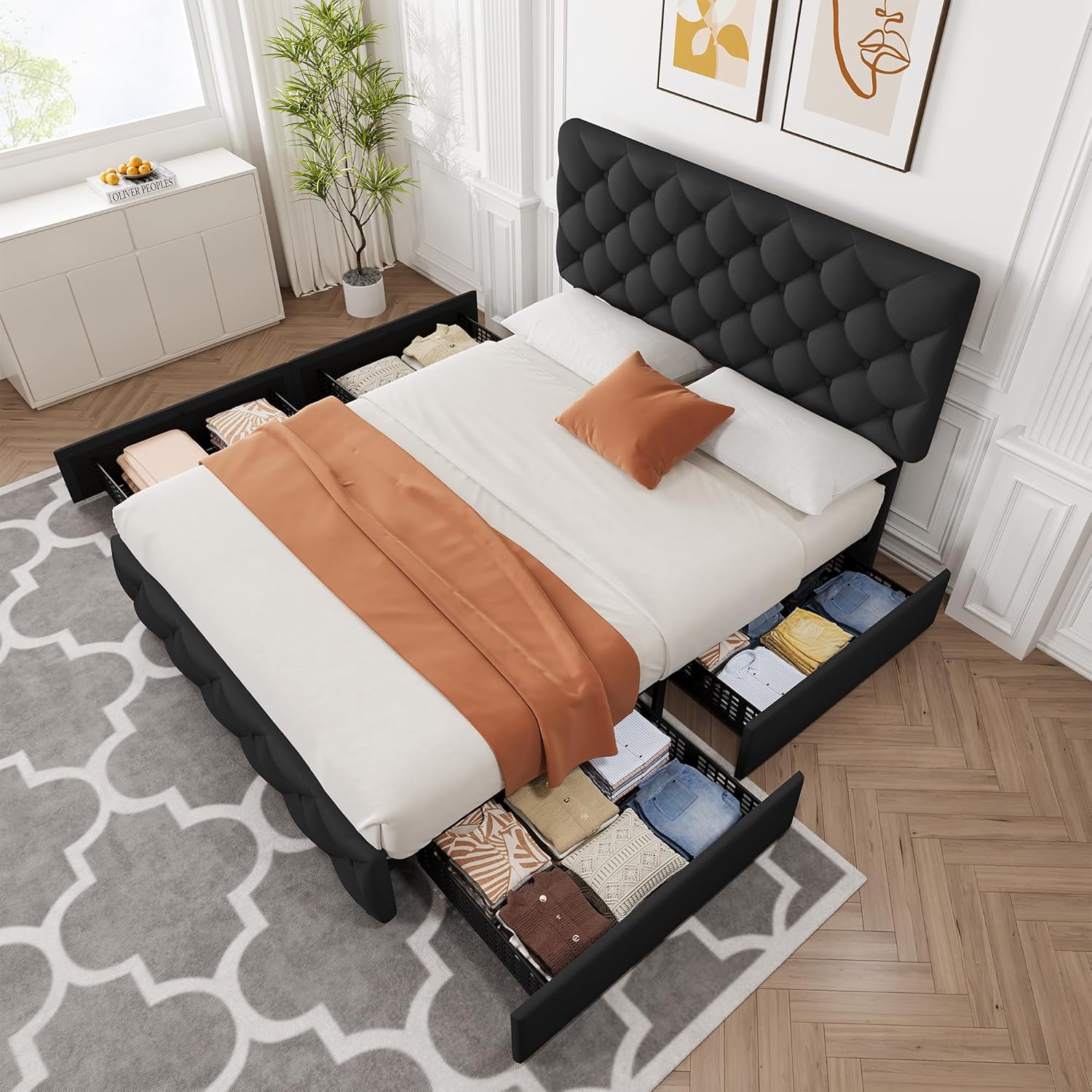 IDEALHOUSE Queen Size Bed Frame with 4 Storage Drawers and Adjustable Headboard, Linen Upholstered Platform Beds, Diamond Stitched Button Tufted, No Box Spring Needed, Black