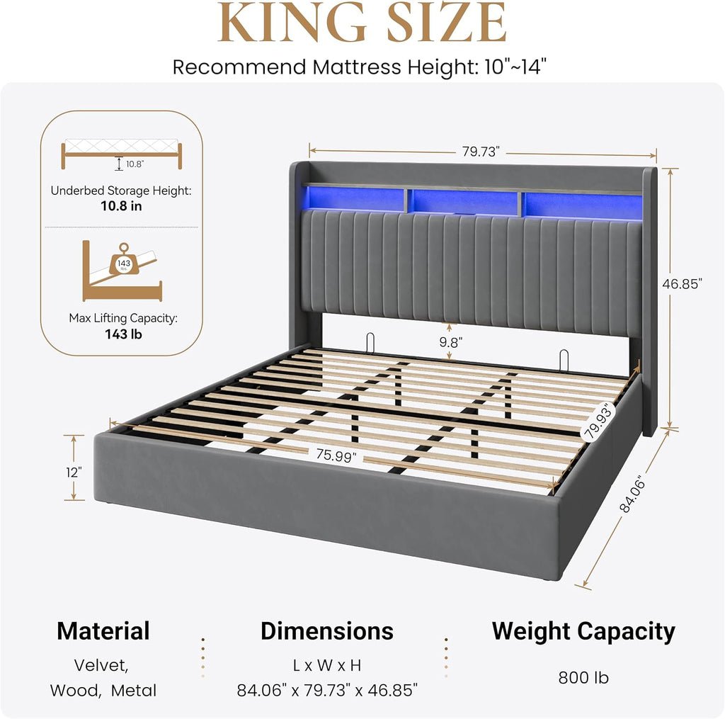SHA CERLIN King Size Lift Up Storage Bed Frame/LED Lights/Charging Station/2-Tier Shelves Headboard/USB,Type-C Ports/Velvet Upholstered/Hydraulic Support/No Box Spring Needed/Noise Free/Gray