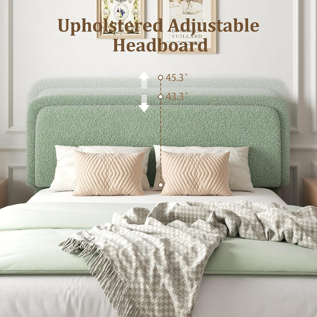 Queen Boucle Platform Bed Frame with Adjustable Headboard, Upholstered Cloud Queen Bed, Anti-Collision Soft Rounded Corners, No Box Spring Needed, Noise Free, Easy Assembly, Green