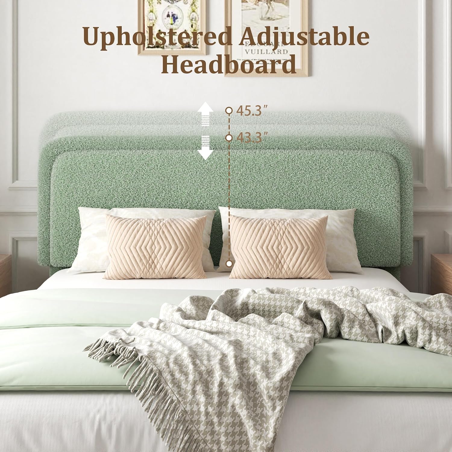 Queen Boucle Platform Bed Frame with Adjustable Headboard, Upholstered Cloud Queen Bed, Anti-Collision Soft Rounded Corners, No Box Spring Needed, Noise Free, Easy Assembly, Green