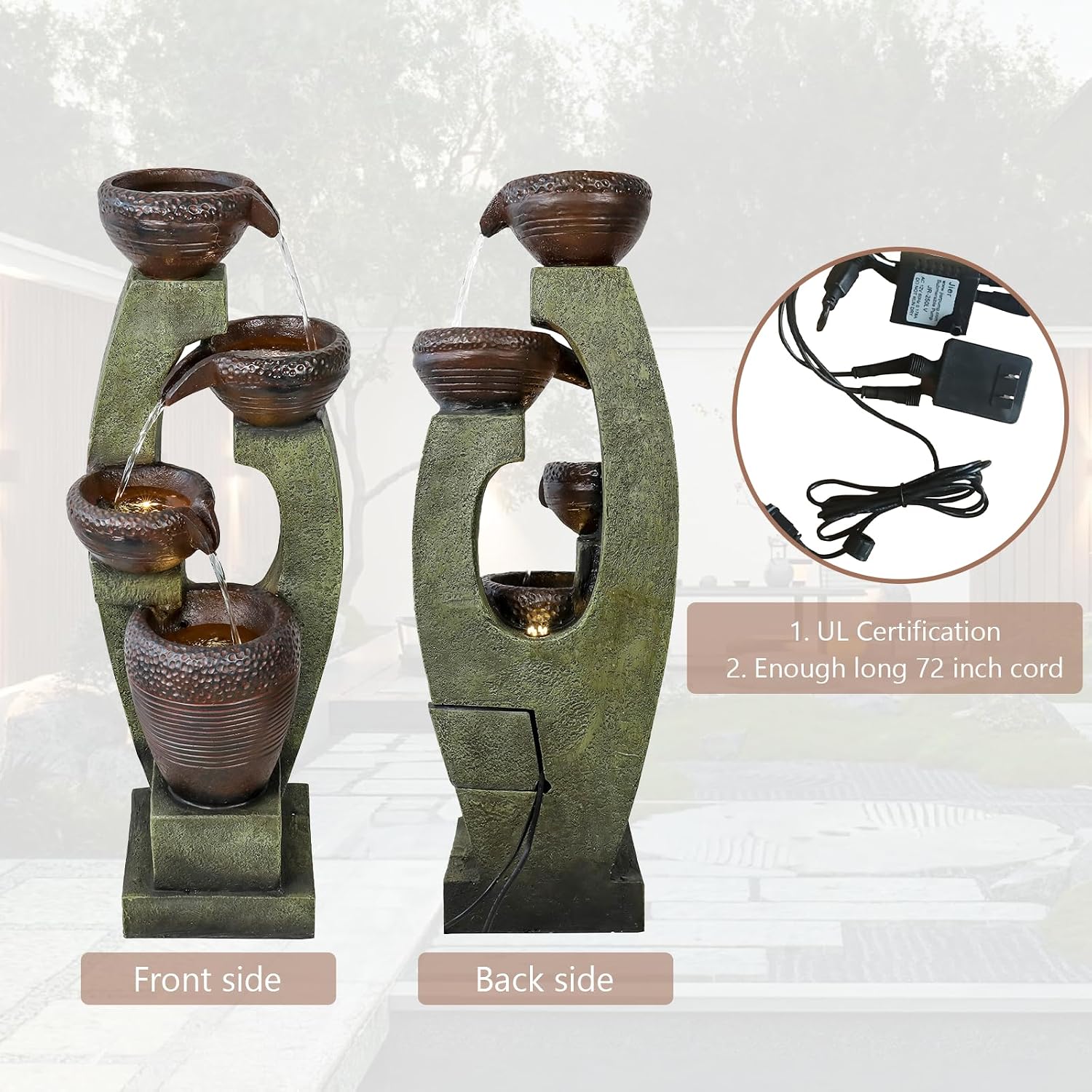 Naturefalls 40' Tall Outdoor Water Fountain and Waterfalls - Large Garden Fountain with LED Lights, 4-Tier Crocks, Indoor and Outdoor Fountains for Garden, Patio, Deck, Porch, Backyard and Home, Gray