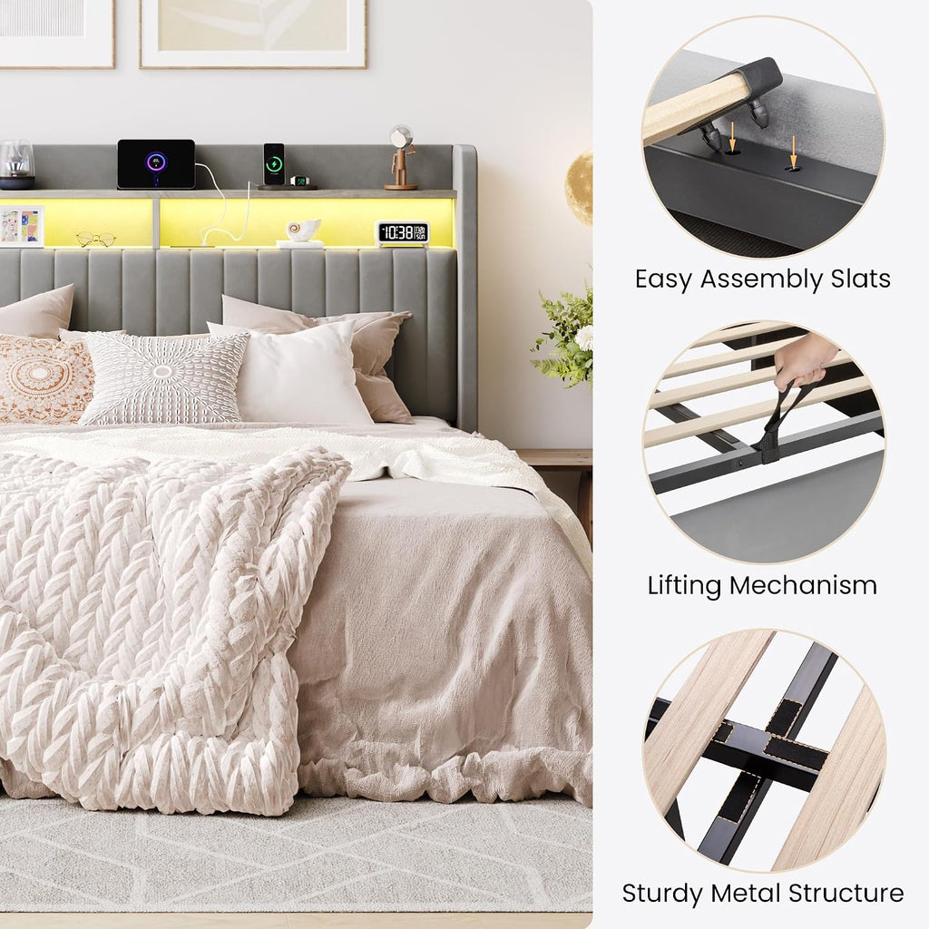 SHA CERLIN Queen Size Lift Up Storage Bed Frame/LED Lights/Charging Station/2-Tier Shelves Headboard/USB,Type-C Ports/Velvet Upholstered/Hydraulic Support/No Box Spring Needed/Noise Free/Gray