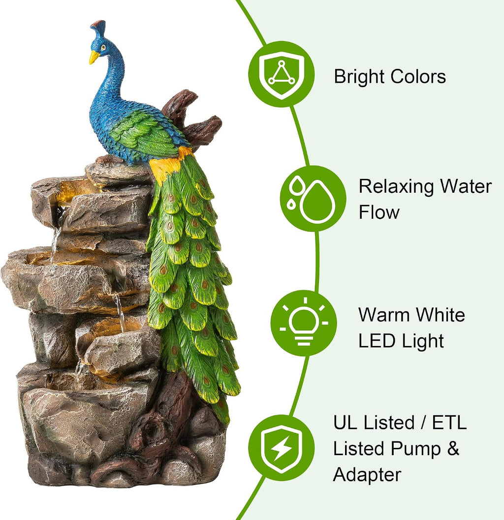 Glitzhome Outdoor Water Fountain with Lights, 4-Tierd Peacock W/Stacked Stone Outdoor Fountain, 20.5' H Polyresin Decorative Waterfall Feature Garden Fountain with Pump for Garden, Patio, Porch