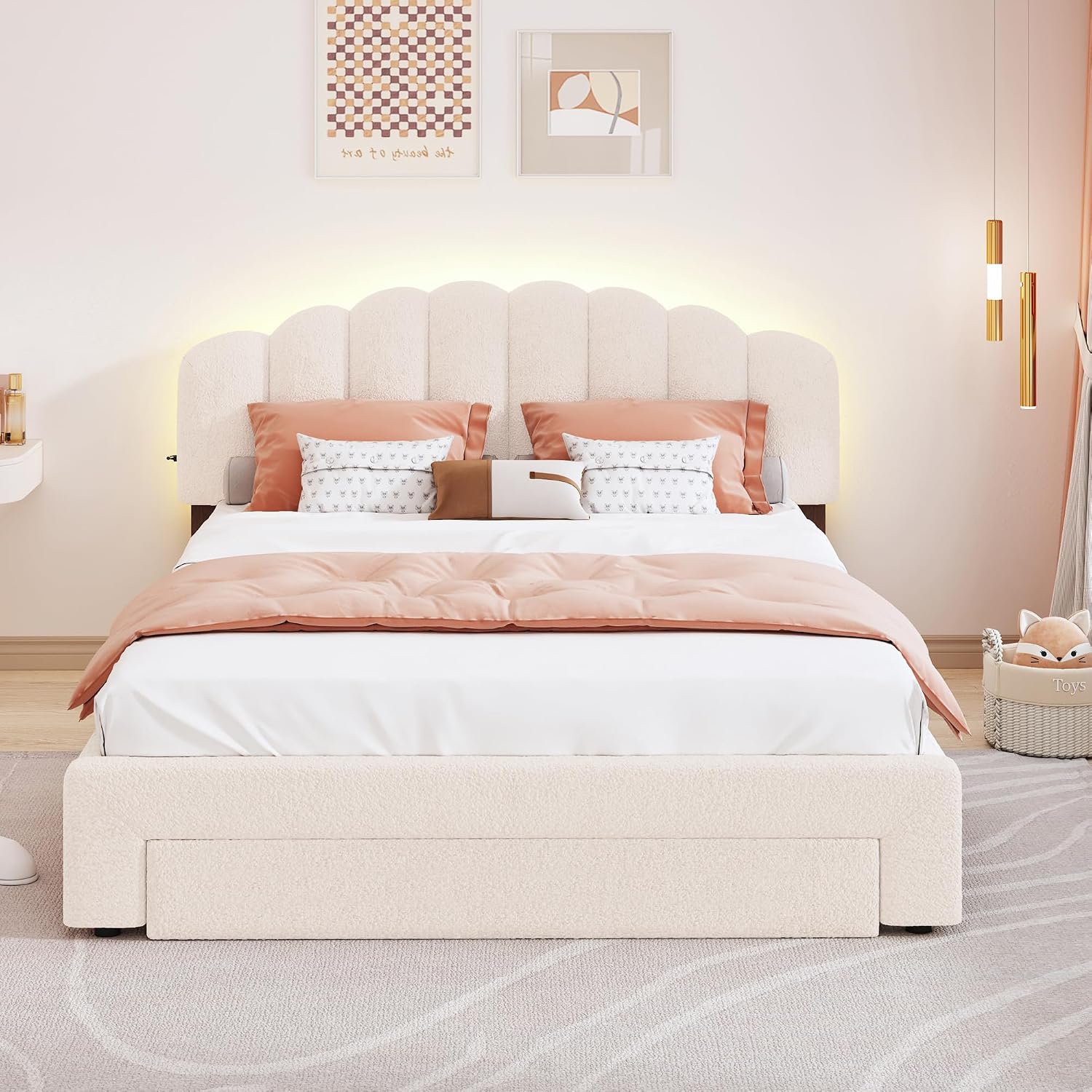 KLMM Chic Teddy Fleece Queen Size Upholstered Platform Bed with Drawer,LED Lights and 2 USB Ports,for Kids Teens Adults Bedroom Use (Beige@Drawer, Queen)