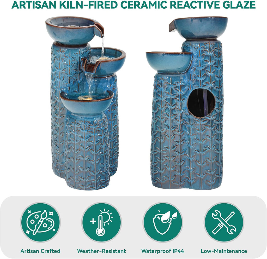 28' H Ceramic Outdoor Water Fountain with LED Lights, 3-Tier Cascading Bowls Water Feature, Tranquil Waterfall for Relaxing Garden, Patio, Yard, or Porch, Turquoise, Embossed Leaf Patterns