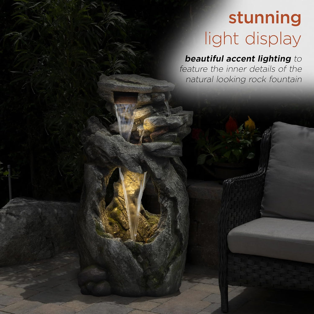 Alpine Corporation 41' Tall Outdoor Cascading Rainforest Rock Waterfall Floor Fountain with LED for Gardens, Patios, and Yards, Brown