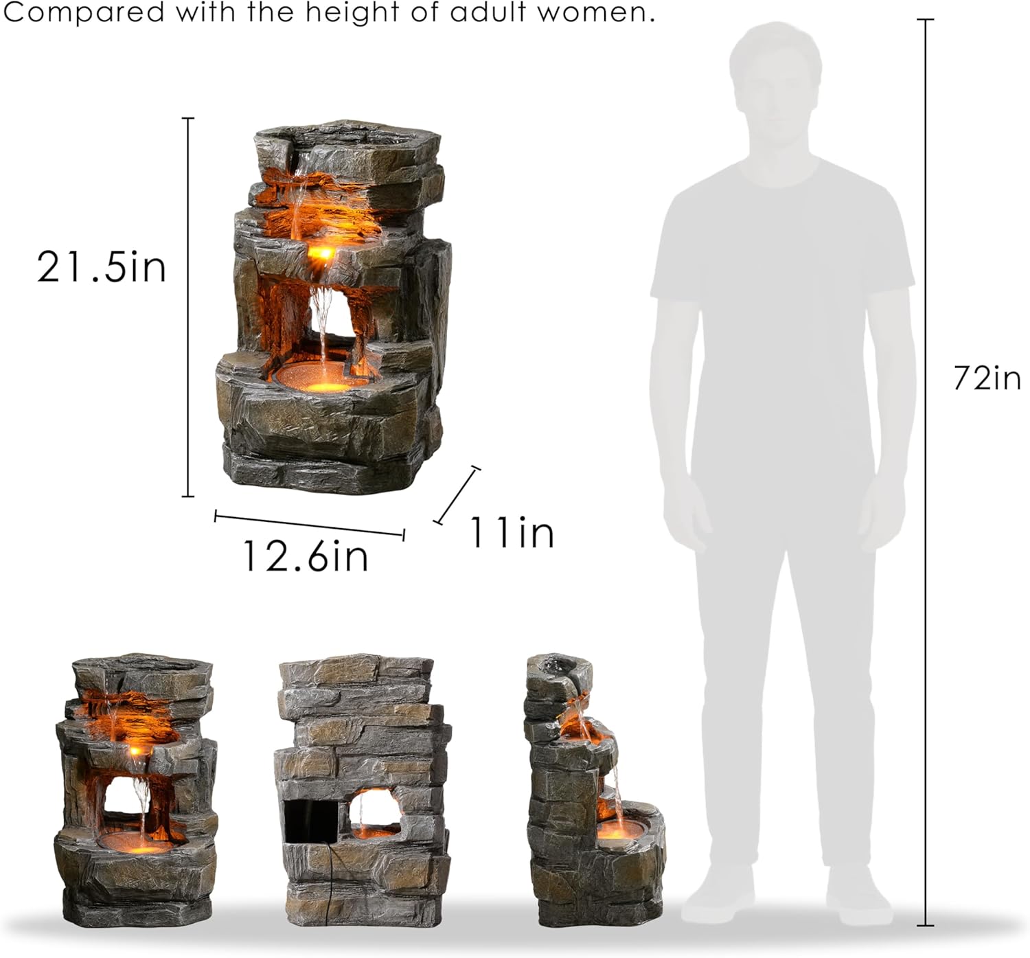 Kalona Outdoor Waterfall Fountain with LED Lights - 3-Tier Resin Rock Water Feature for Garden Patio Backyard, 21.5' Tall Fountain Decor 24392