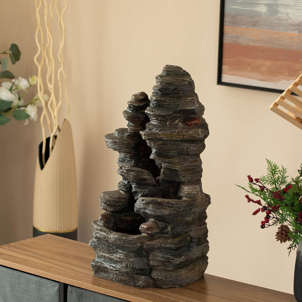 Cascading Electric Powered 4-Tier Rock Water Fountain with LED Lights 24' for Indoor and Outdoor Use