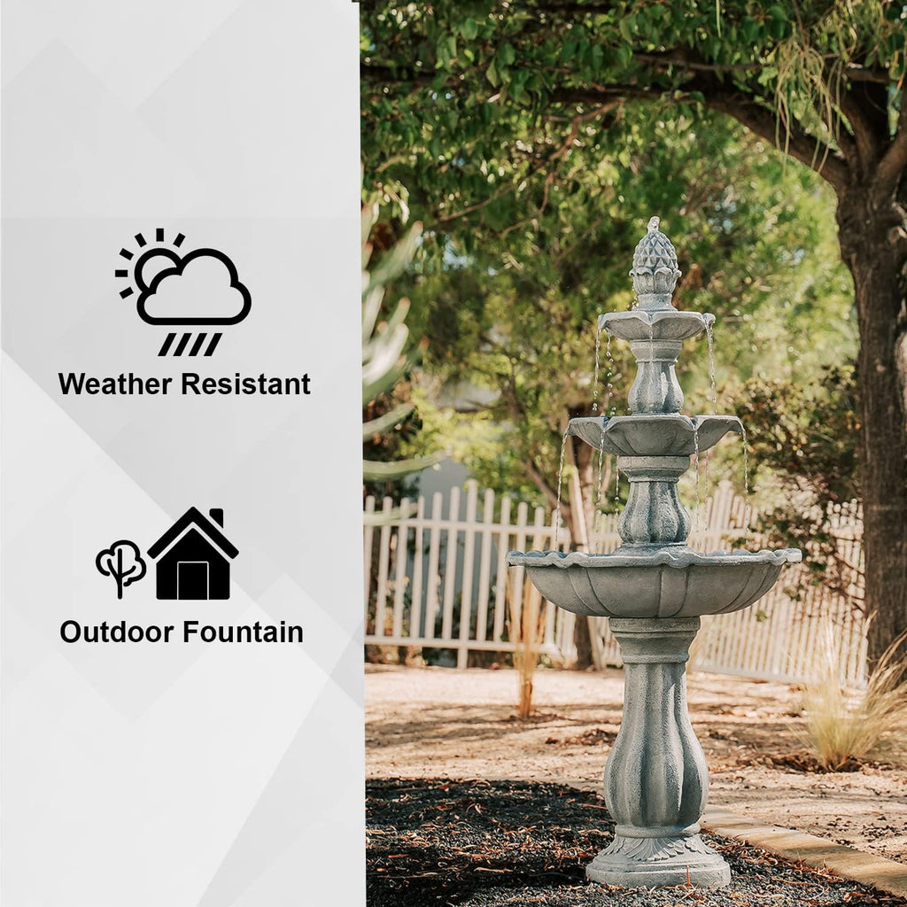 XBrand 51' 3-Tier Outdoor Freestanding Waterfall Fountain with Pump and Pineapple Finial, Gray
