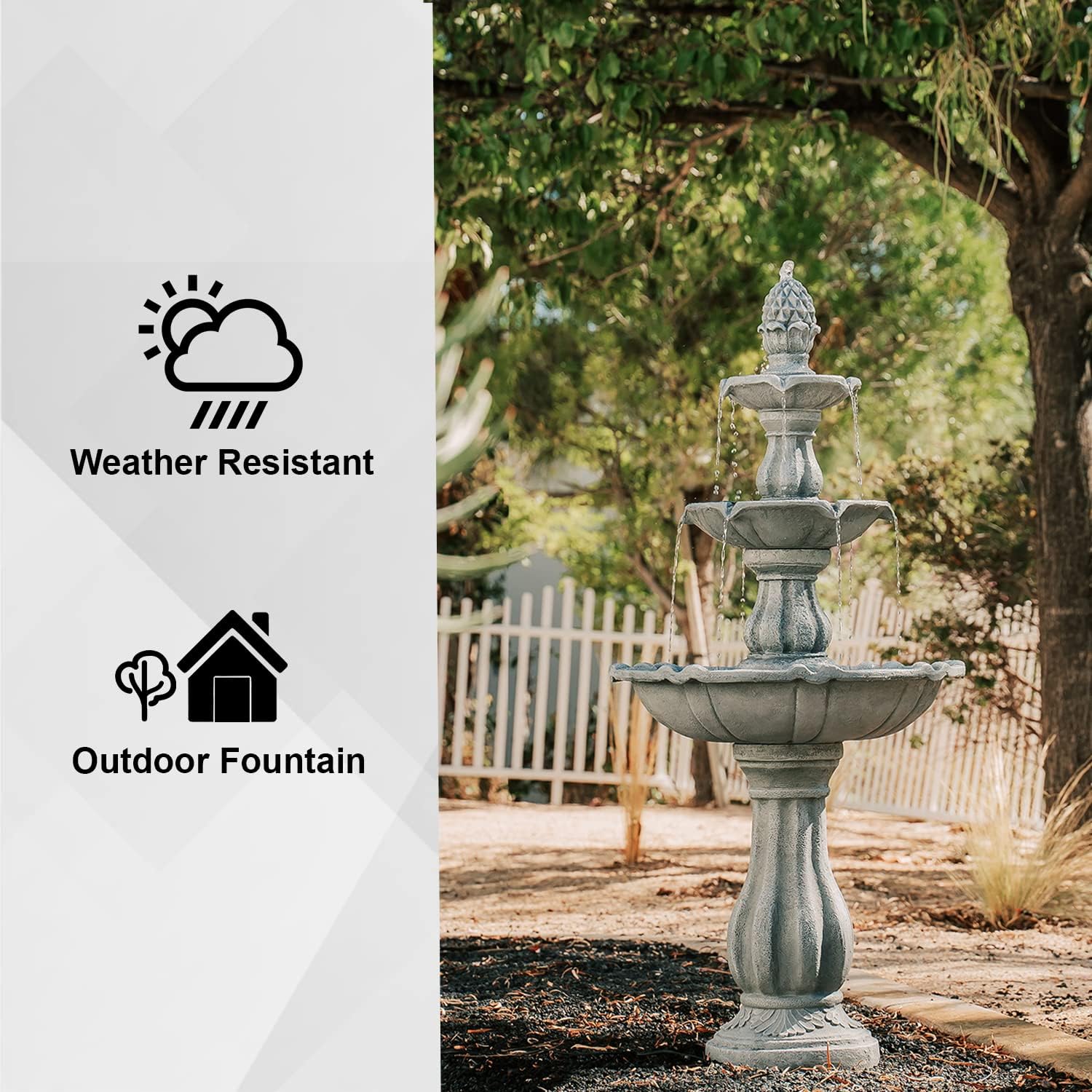 XBrand 51' 3-Tier Outdoor Freestanding Waterfall Fountain with Pump and Pineapple Finial, Gray