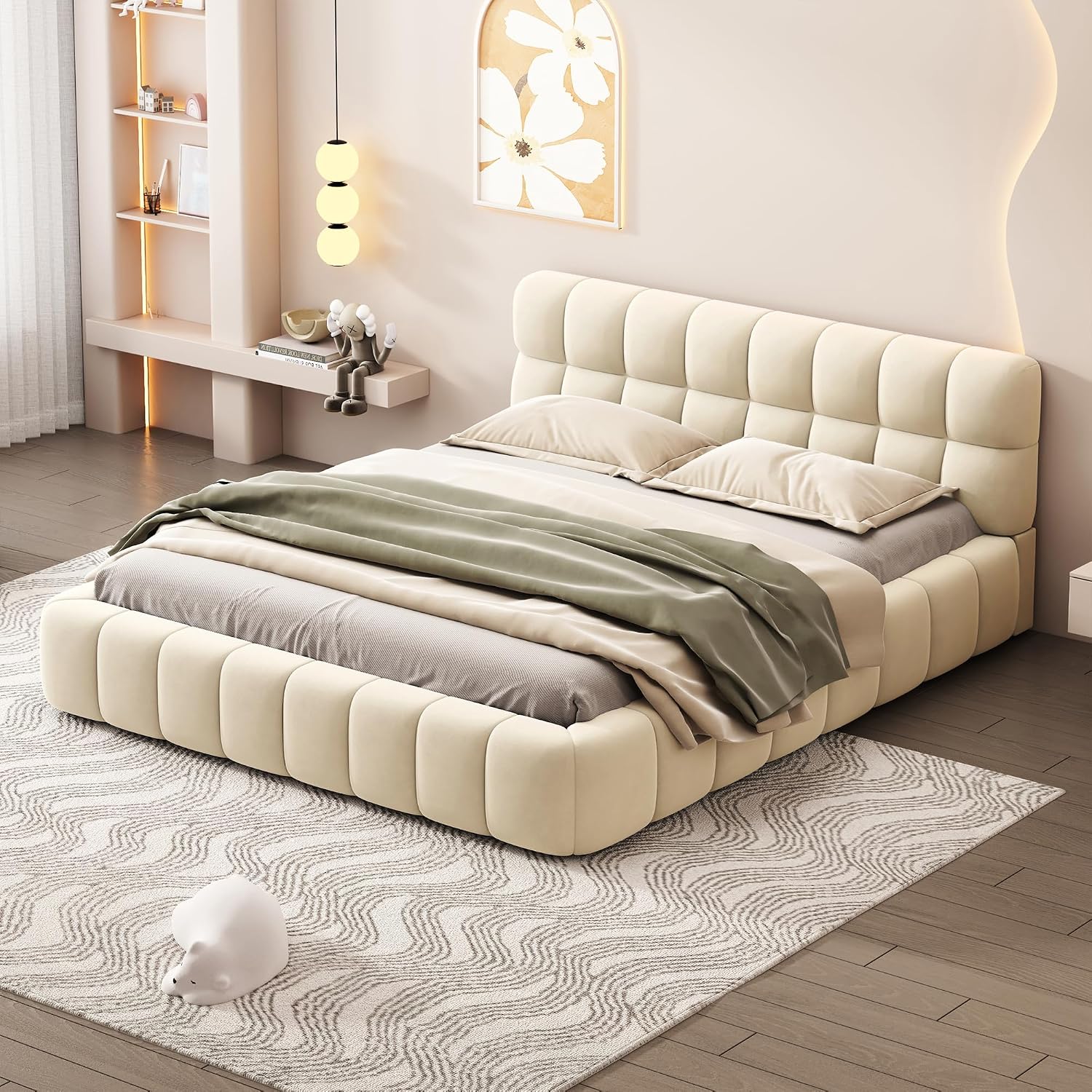 Queen Size Upholstered Platform Bed with Thick Fabric, Grounded Bed with Solid Frame for Kids Adults Bedroom Furniture, Easy Assembly, No Box Spring Needed (Linen+Beige, Queen)