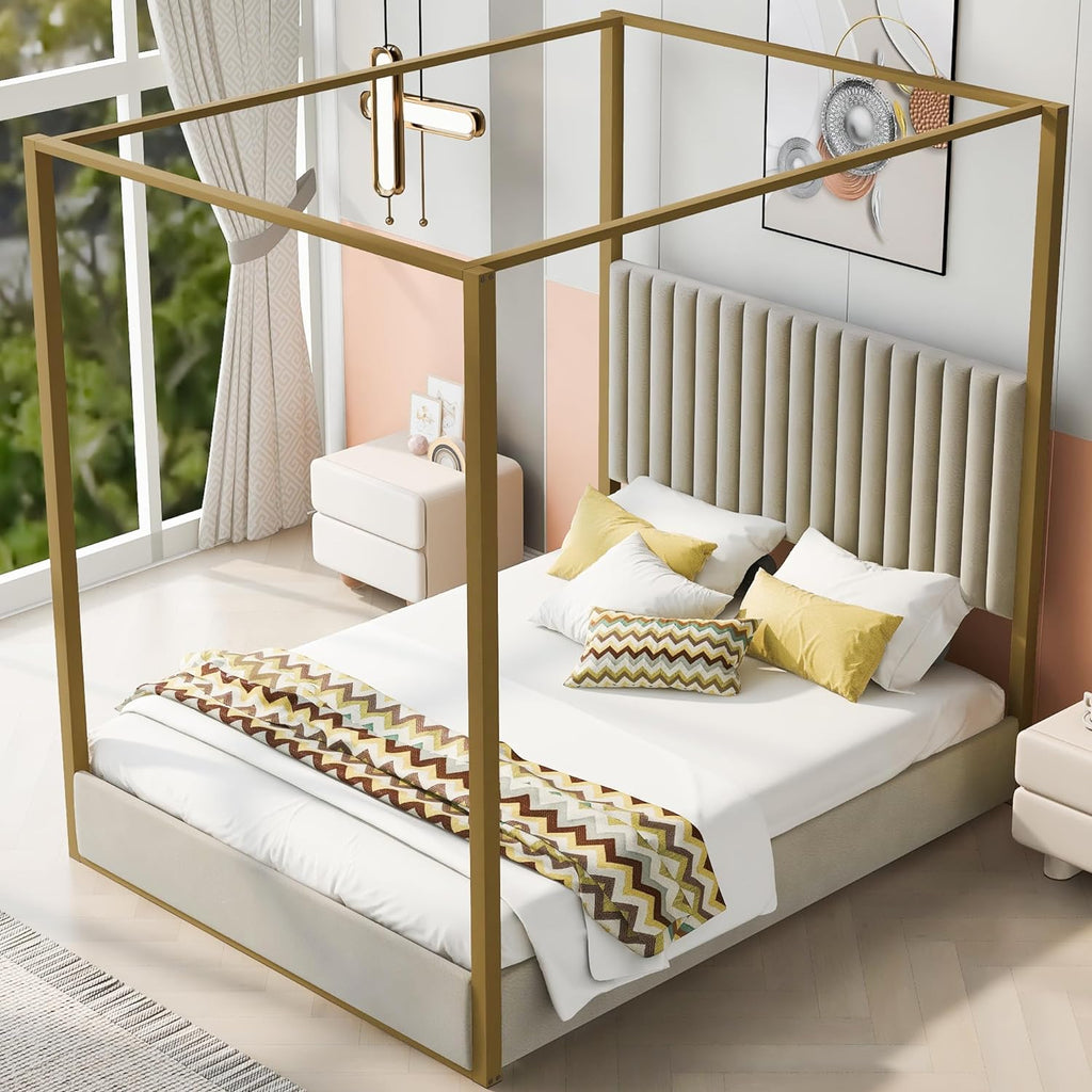Queen Size Canopy Bed with Upholstered Headboard, 4-Poster Bed Frame with Metal Frame for Bedroom (Beige, Queen)
