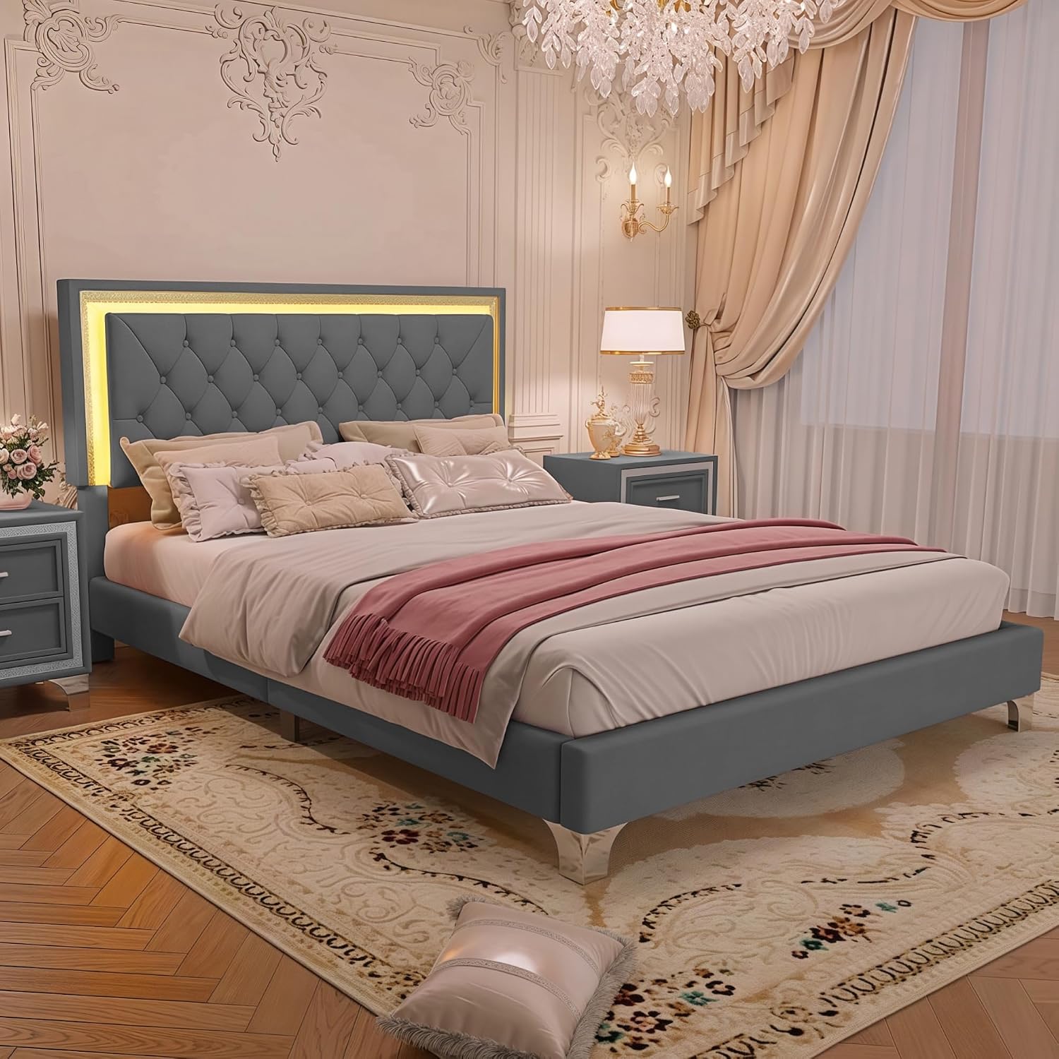 Flieks Queen Size Upholstered Bed Frame with LED Lights,Modern Velvet Platform Bed with Crystal Tufted Headboard,Gray
